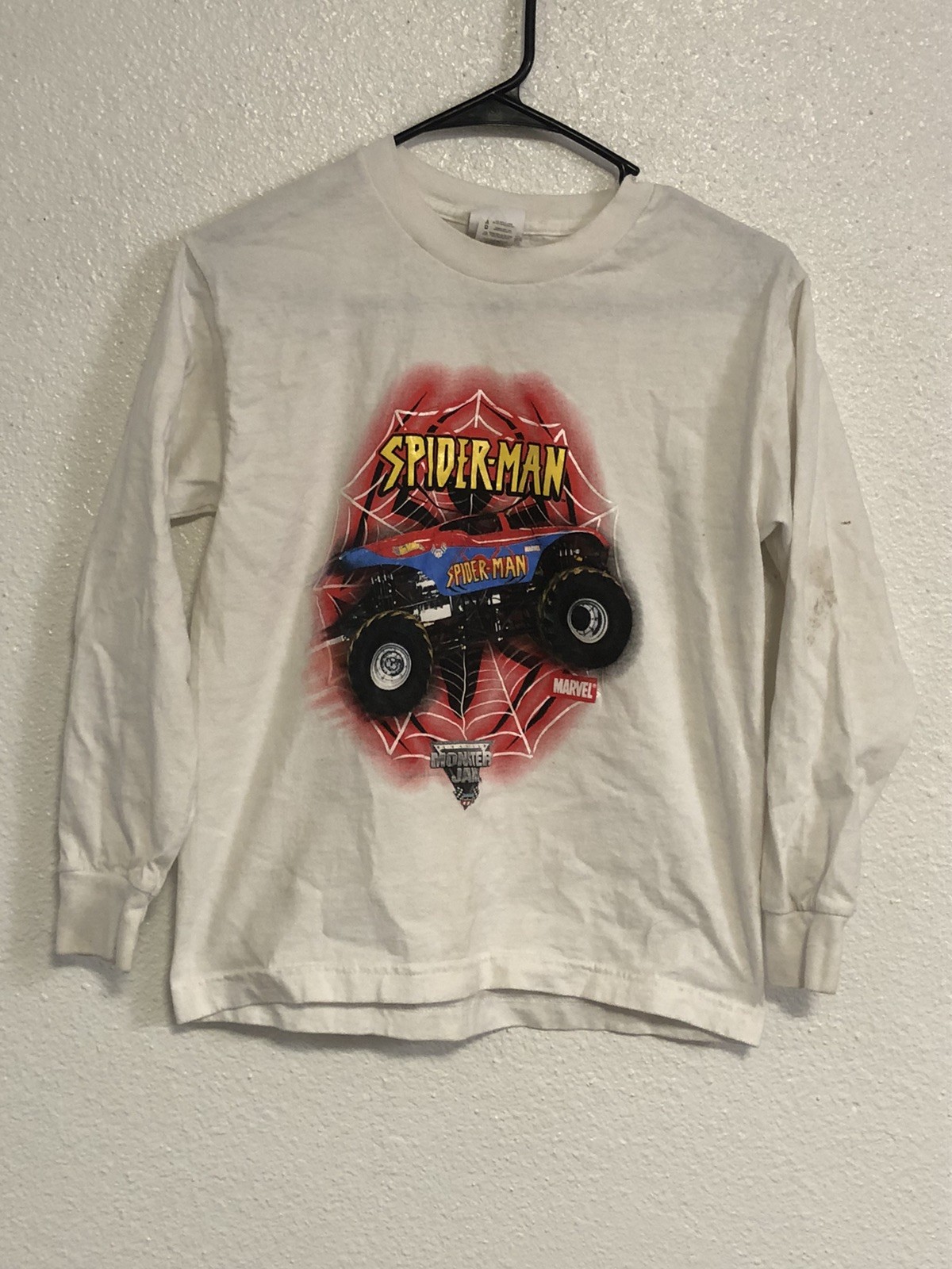 Vintage Monster Jam White Shirt Medium/Large Kids Y2K Marvel Spider-Man Rare