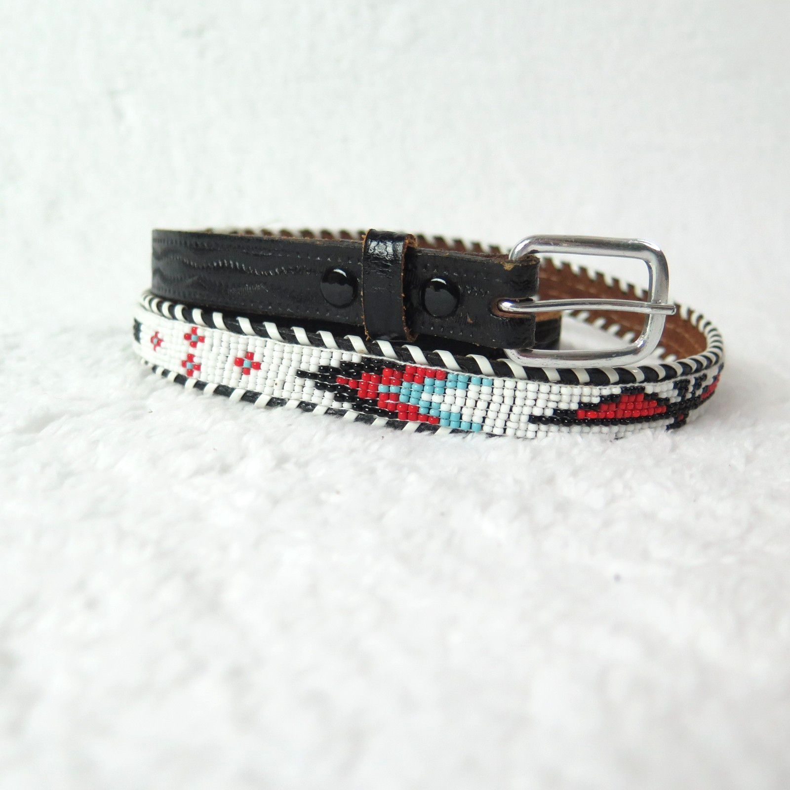 Beaded Native Belt Vintage Cowhide Hand Beading sz 36 Narrow China Made Black