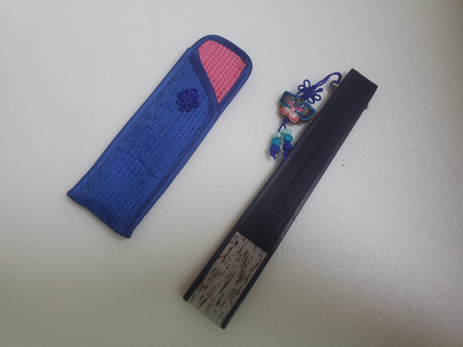 Korean Traditional Bamboo Print Hand Fan w/ Case & Tassel BLUE – US Seller