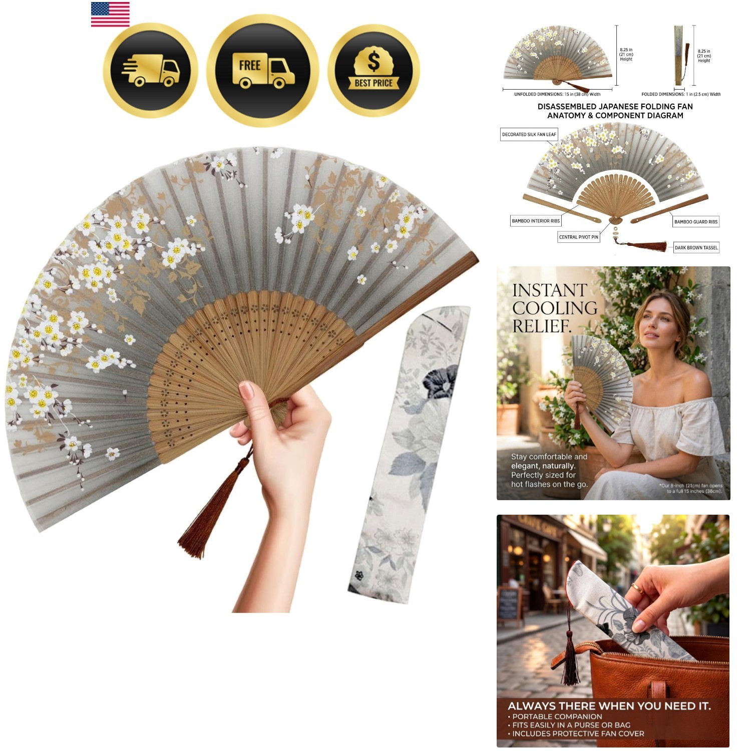 Folding Hand Fan for Women – Foldable Chinese Japanese Vintage Bamboo Silk Fa…