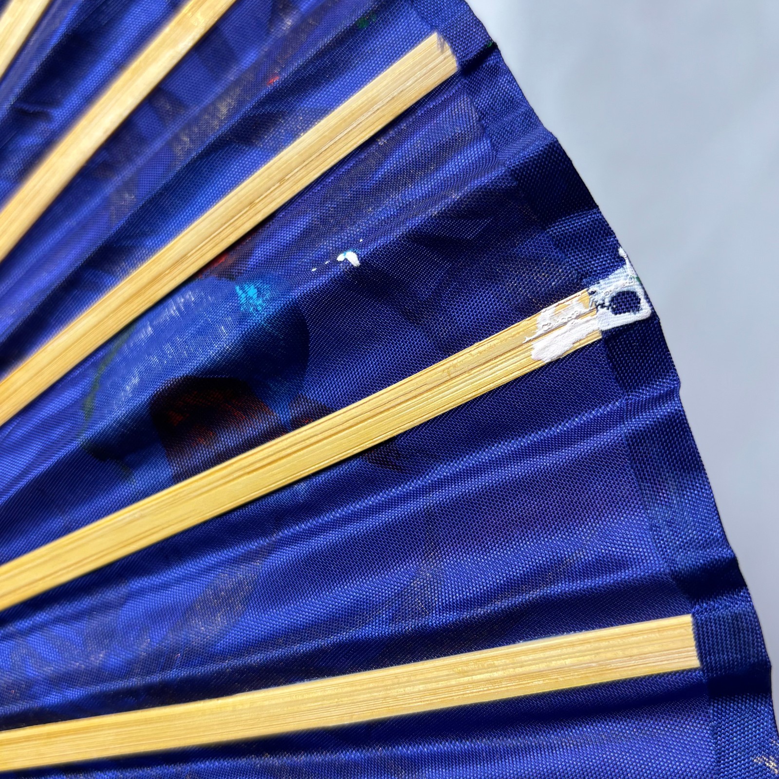 Blue Synthetic Folding Fan Hand Painted Gold Leaves & Bird Bamboo Thailand