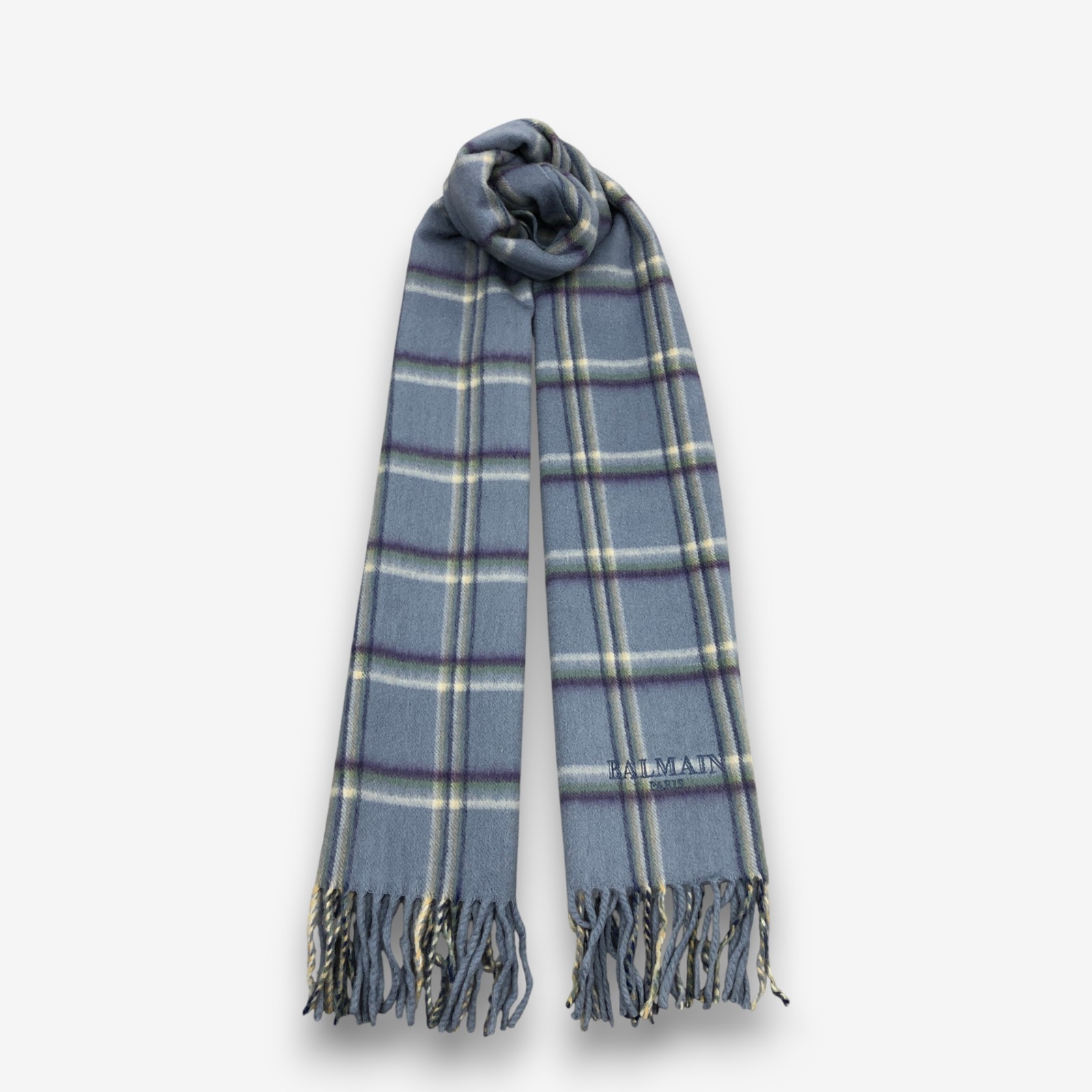 Pierre Balmain Wool Scarf Vintage Classic Fringe Plaid Winter Scarves 12×55