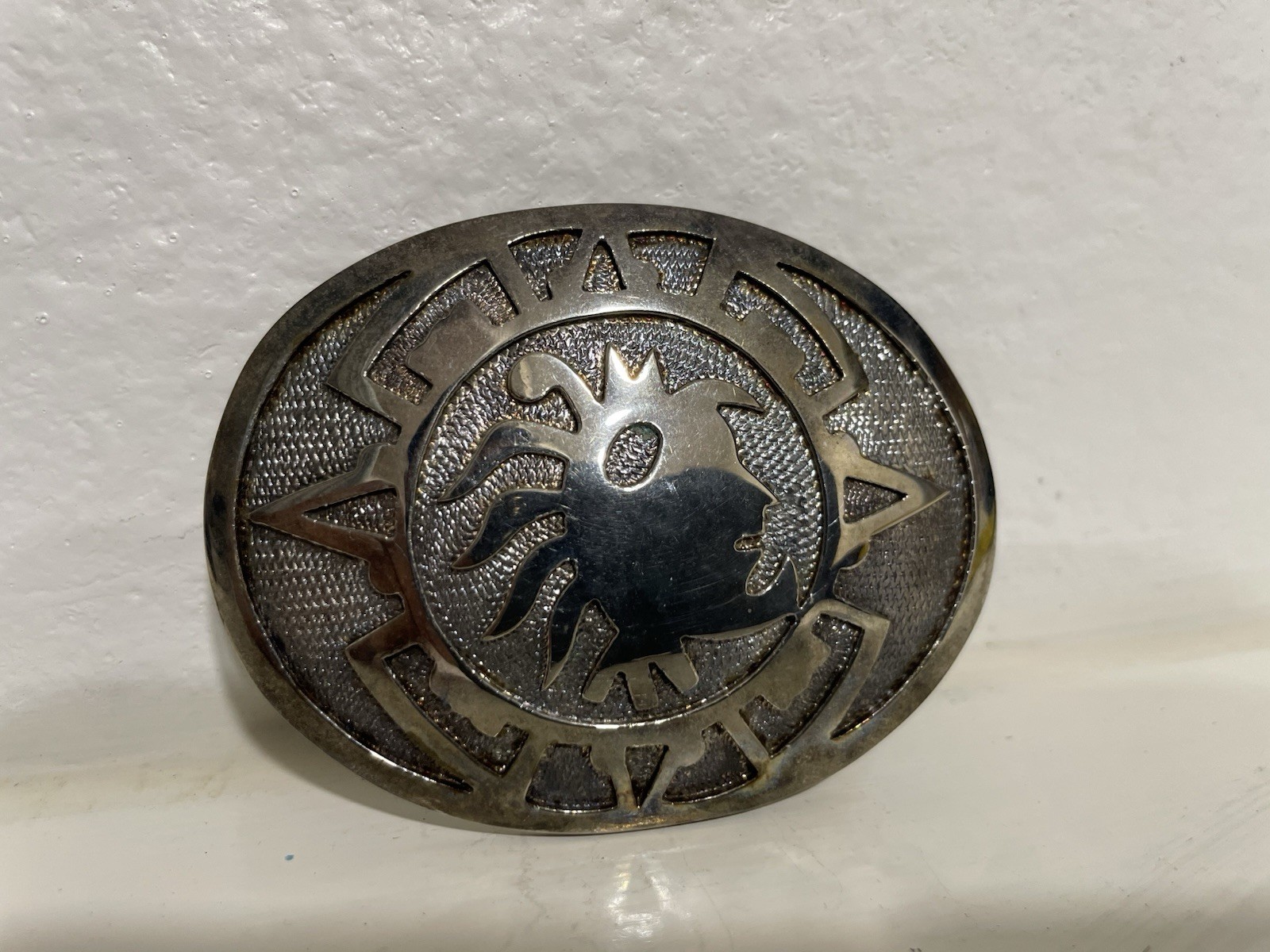 Mexico Oval Silver Tone Belt Buckle Southwest Western Sun or Aztec Warrior