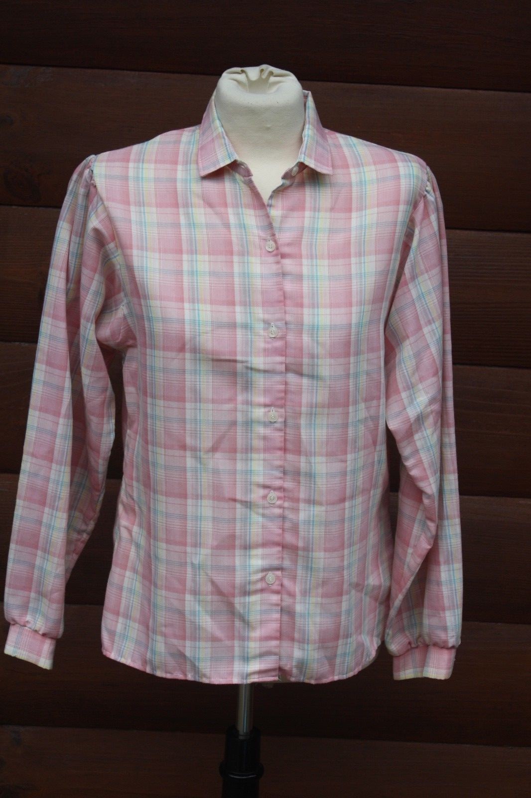 Vtg White Stag 14 Pink Plaid Check Button Down Polyester Cotton Shirt