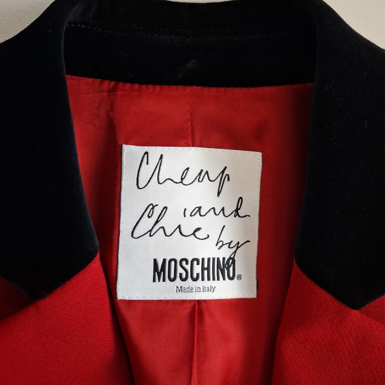 Vintage Moschino Cheap & Chic Red Wool Tuxedo Blazer Black Velvet IT 44 AU 12-14