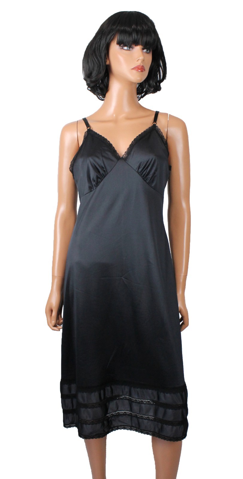 70s Full Slip 38 Vintage Sears Black Lace Trim Tiered Snip It Hem Dress Slip