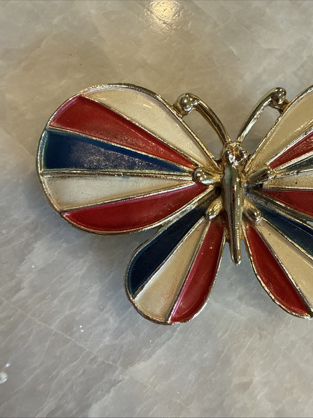 Vintage Enamel Butterfly Hair Clip Barrette Red White Blue