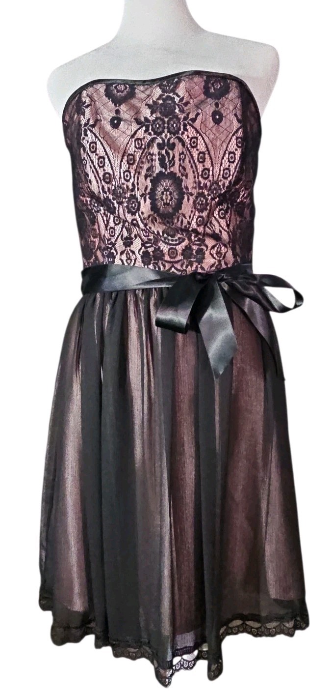 VTG Jessica McClintock Party Mini Dress Pink Black Lace Chiffon Strapless Sz 8