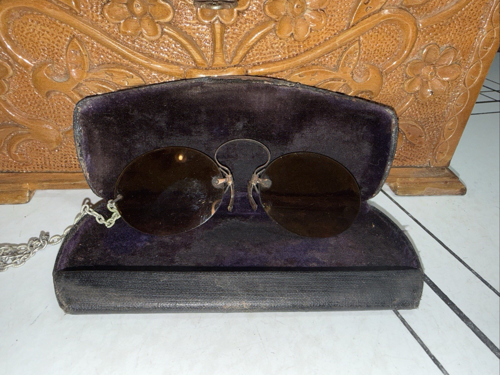 Antique Civil War Amber Pince Nez Sunglasses Orange Steampunk Ritholz Chicago IL