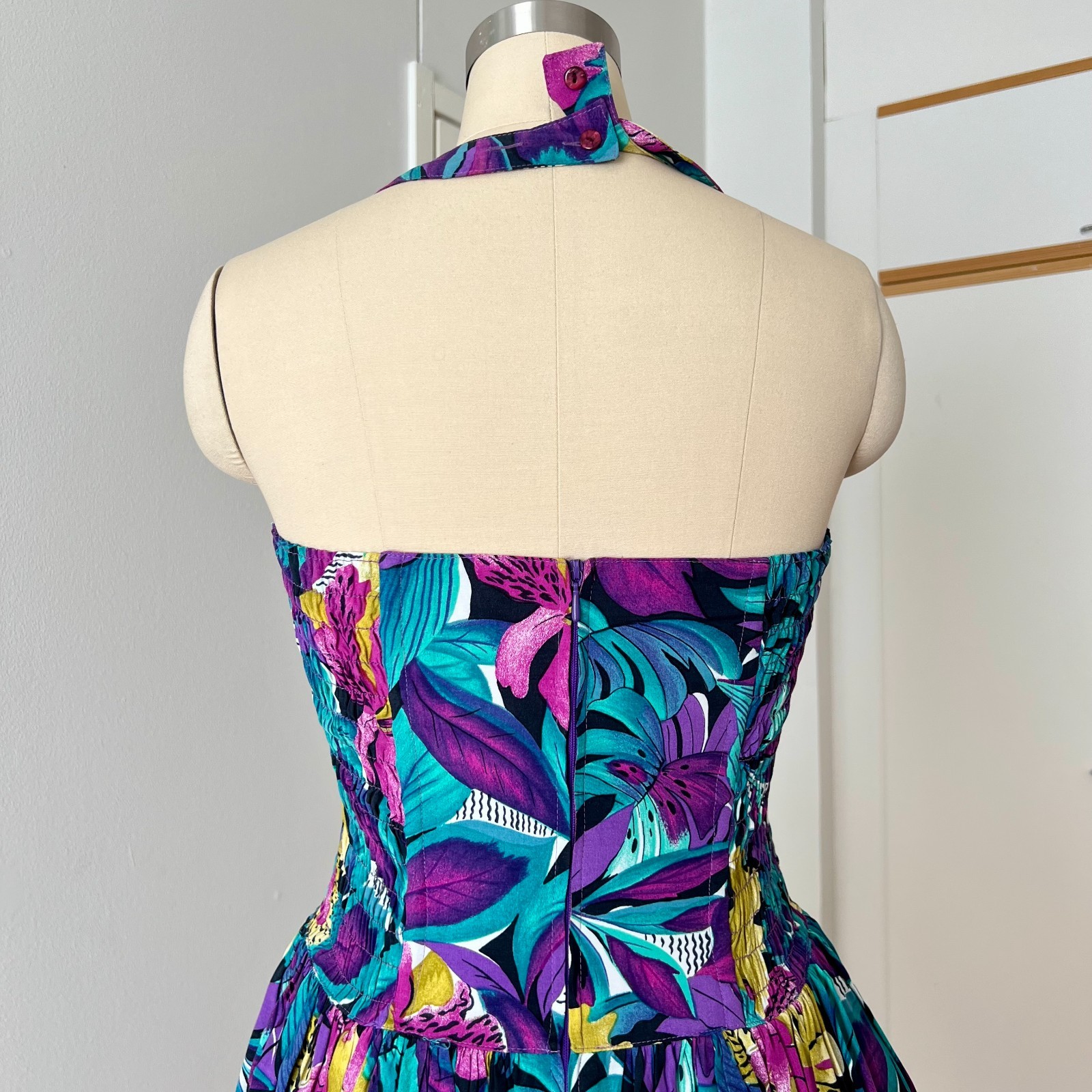 1980s West German Tropical Print Halter Neck Midi Dress Rockabilly 80s Does 50s