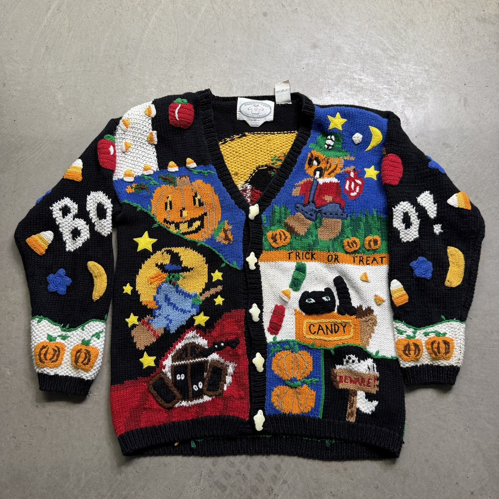 Vintage Eagle’s Eye Cardigan Sweater 90s Halloween Hand Knit Black size Medium
