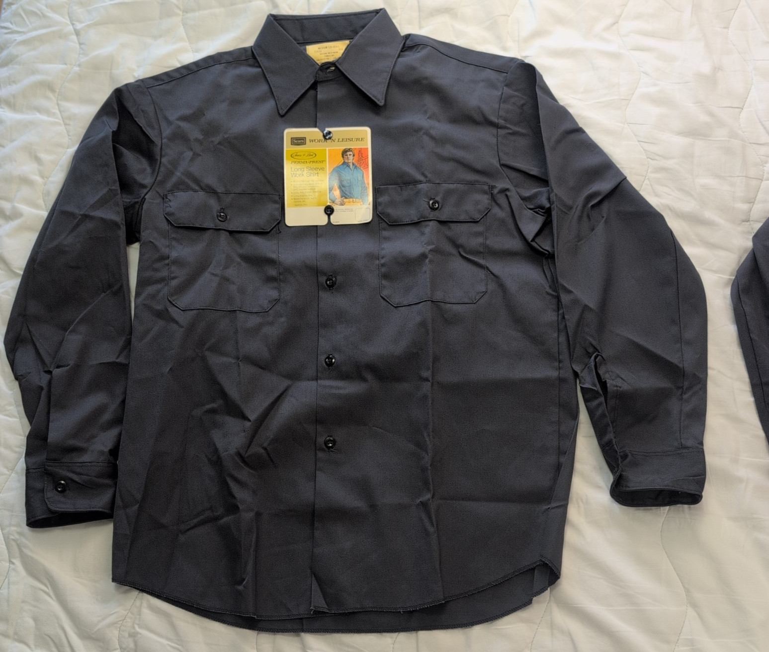 2 VTG Sears Work ‘N Leisure Perma Prest Men Steel Blue NOS Button Up Long Sleeve