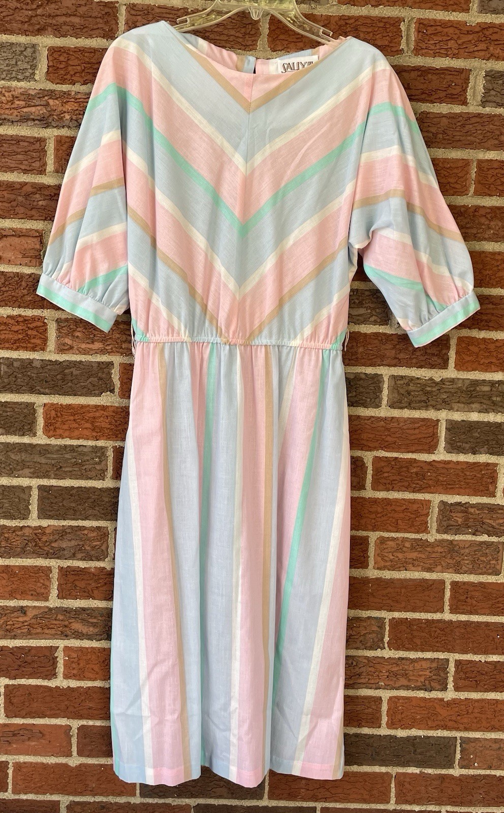 VTG Retro 1980s Pastel Chevron Striped Blouson Midi Cotton Shirt Dress md/lg