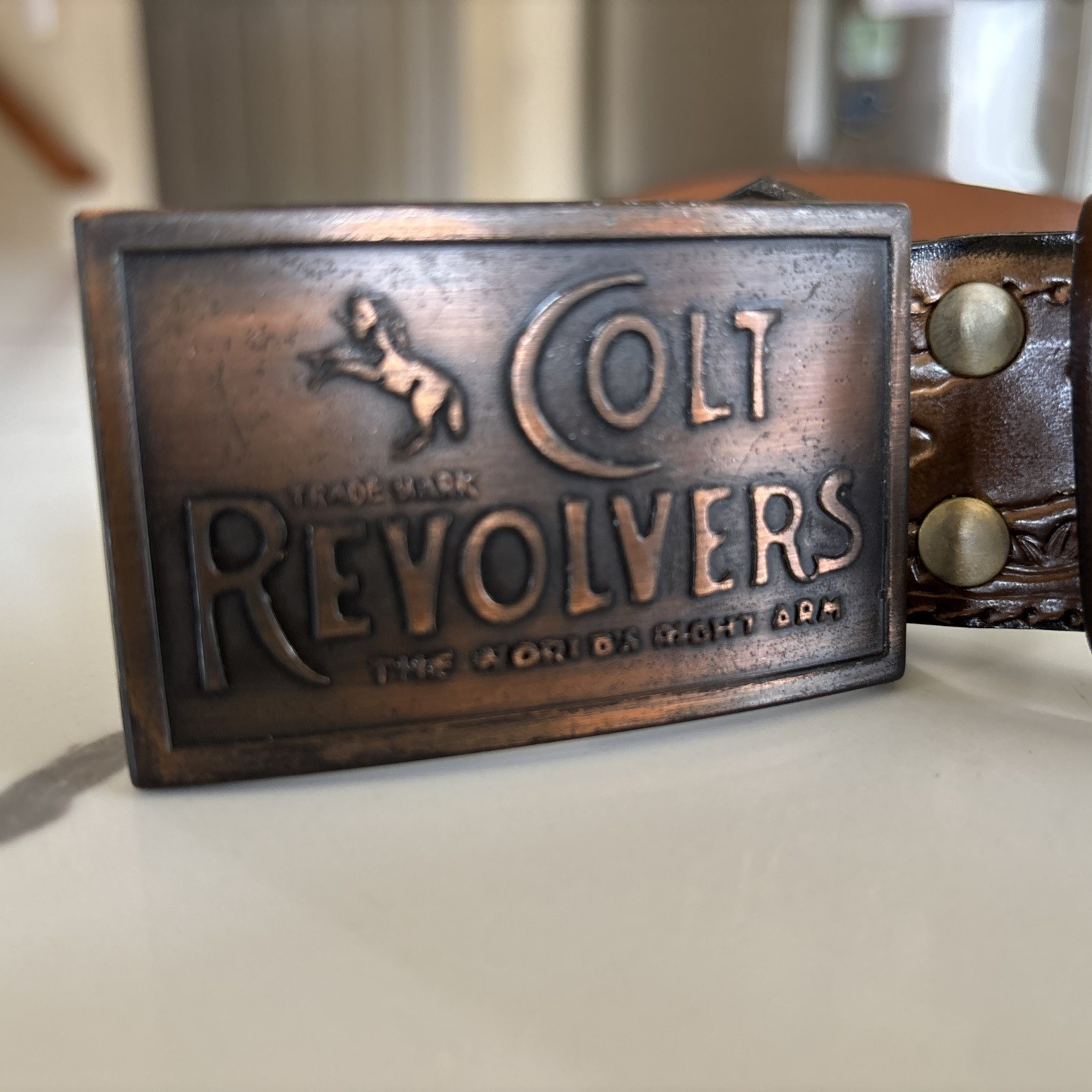 Colt Revolvers The World’s Right Arm Synthetic Leather Belt 1980’s Brass Buckle