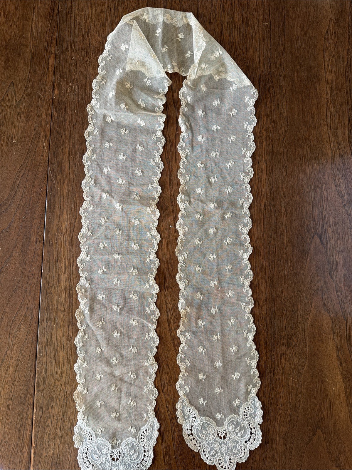 Antique Tambour Embroidered Net Lace Scarf Sash 62” Long Floral Bride 1910s