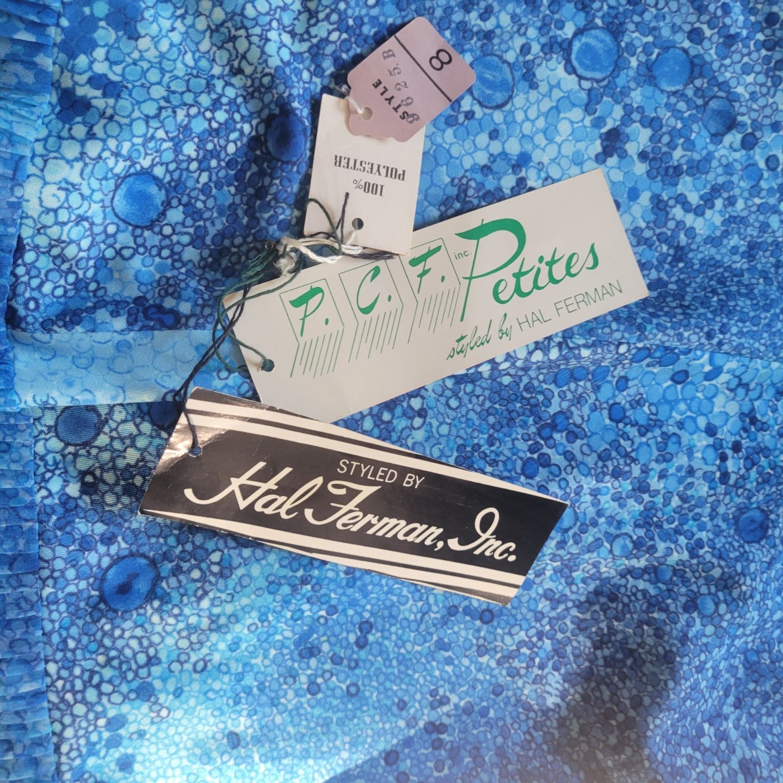 Vintage Hal Ferman Womens Size 8 Blue Skirt Blouse Set With Tie Neck Nwt