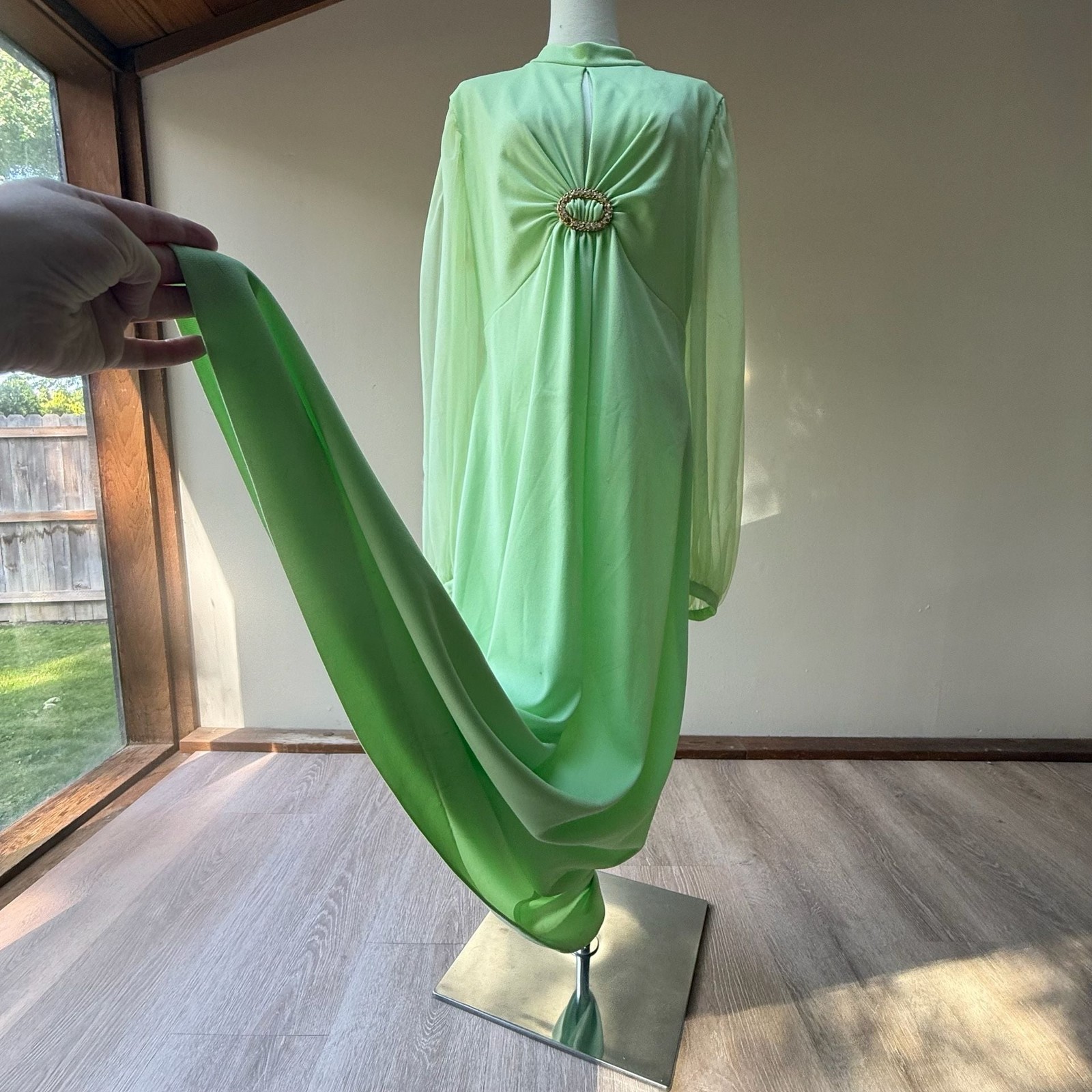 Vintage 1960s Green Gown with Chiffon Bishop Sleeves Rhinestone Brooch