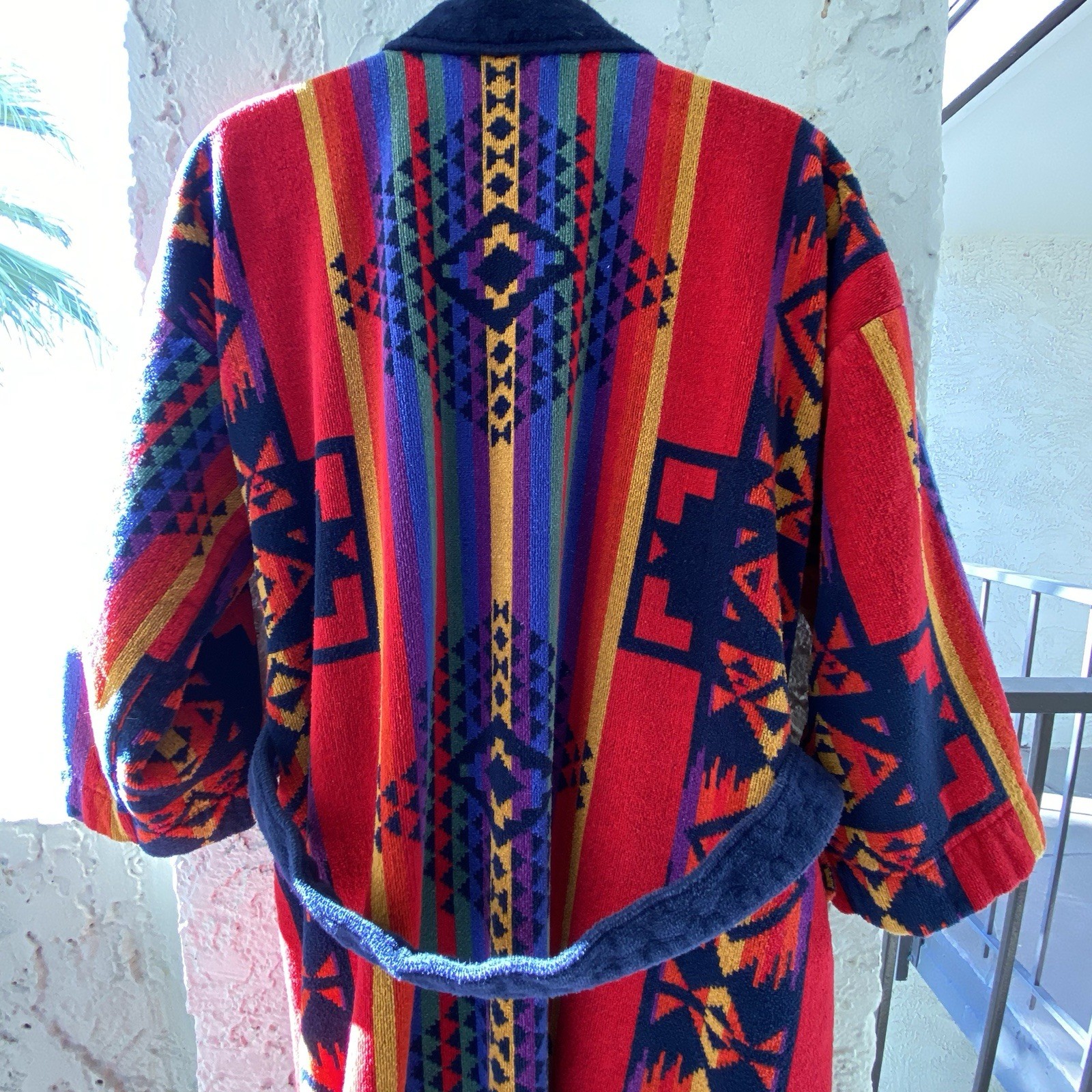 Vintage 80s Blass 100% Cotton Brazil Robe OS Colorful Aztec Southwestern Belted