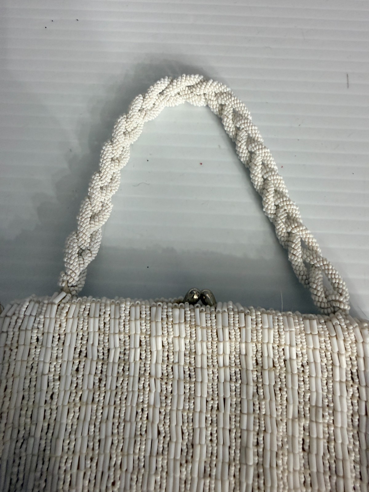 Vintage 1950s Czech Beaded Handbag White Glass Evening Purse Czechoslovakia