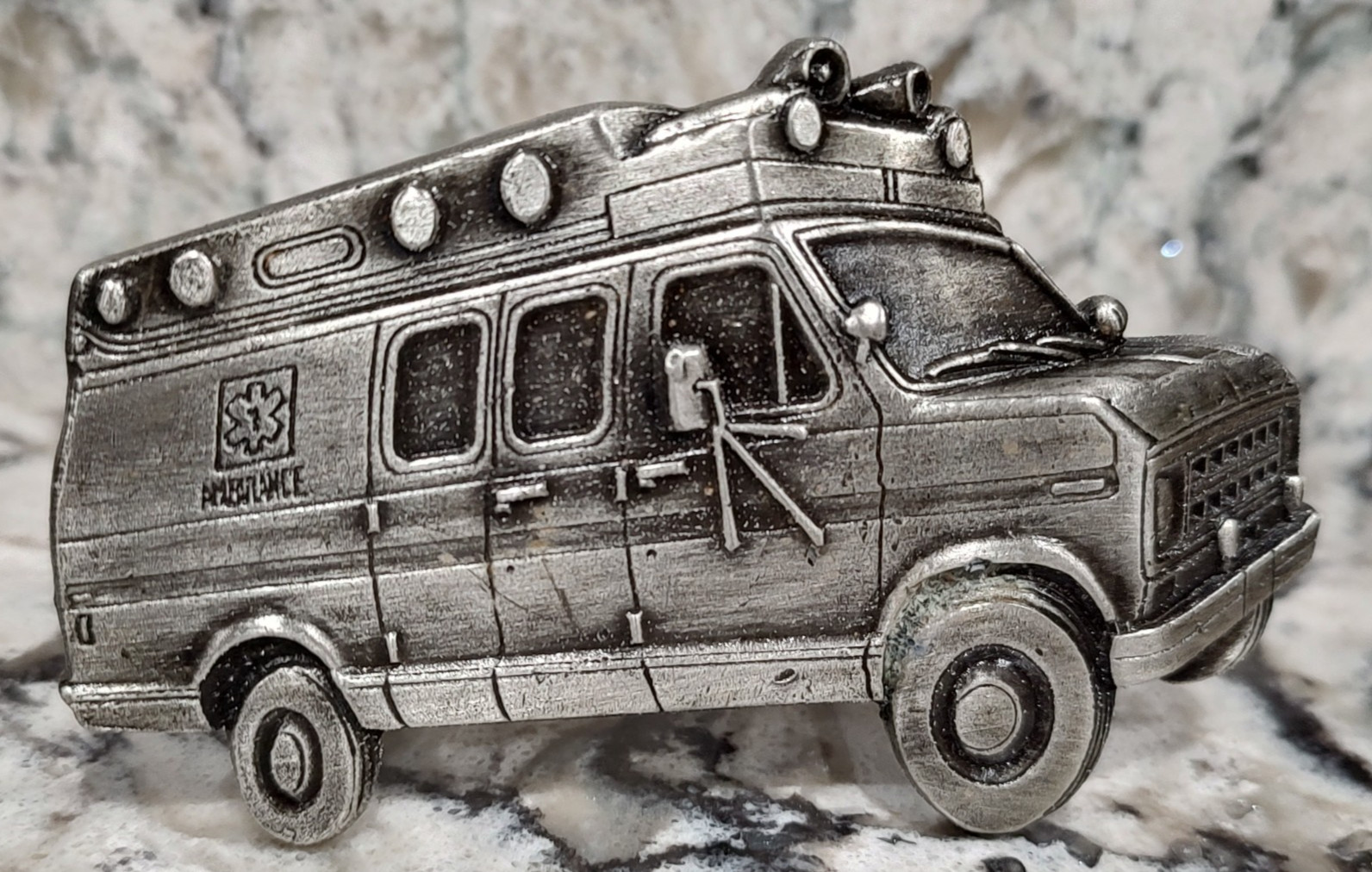 BREITENBACH’S PEWTER BELT BUCKLE – EMS AMBULANCE VAN – MONTELLO WISCONSIN 1979