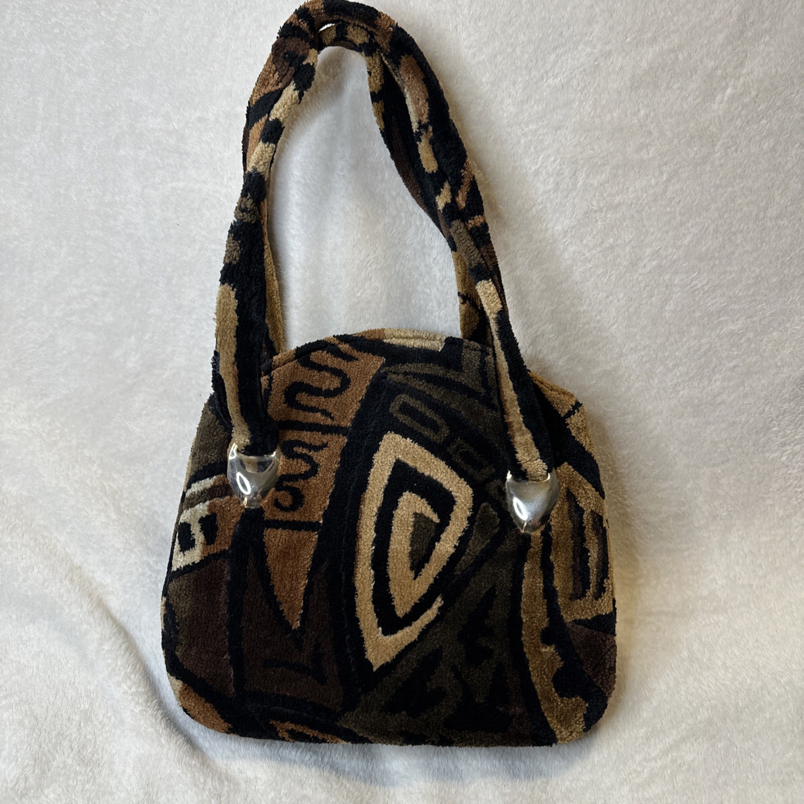 VTG Tapestry Handbag Fabric Brown Black Tan Groovy Mod Boho Geo-Tribal 10x 9″