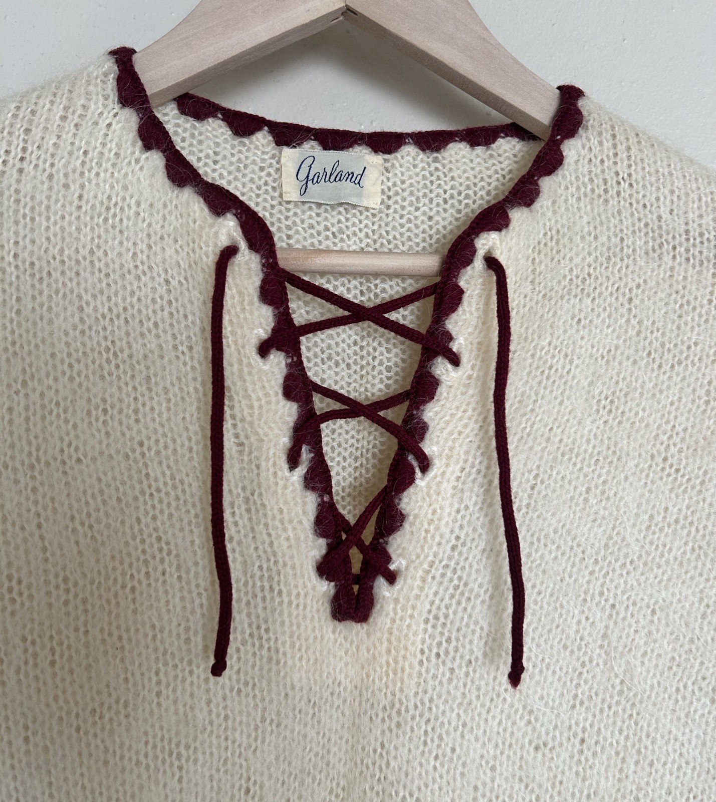 Vintage c1960s Garland beige Mohair Mod Lace Up Front Sweater maroon accents