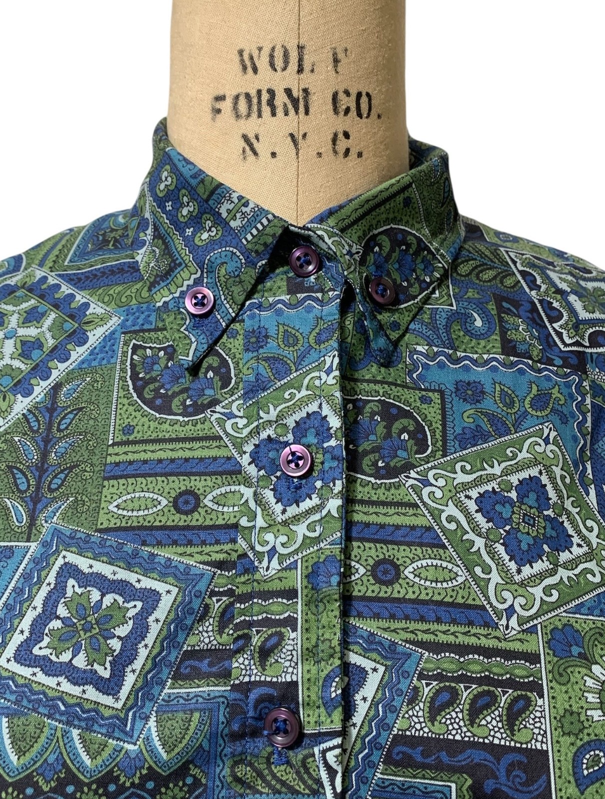 Vintage 60s Women’s SS Blue Green Paisley Cotton Shirtwaist Dress – Sz M