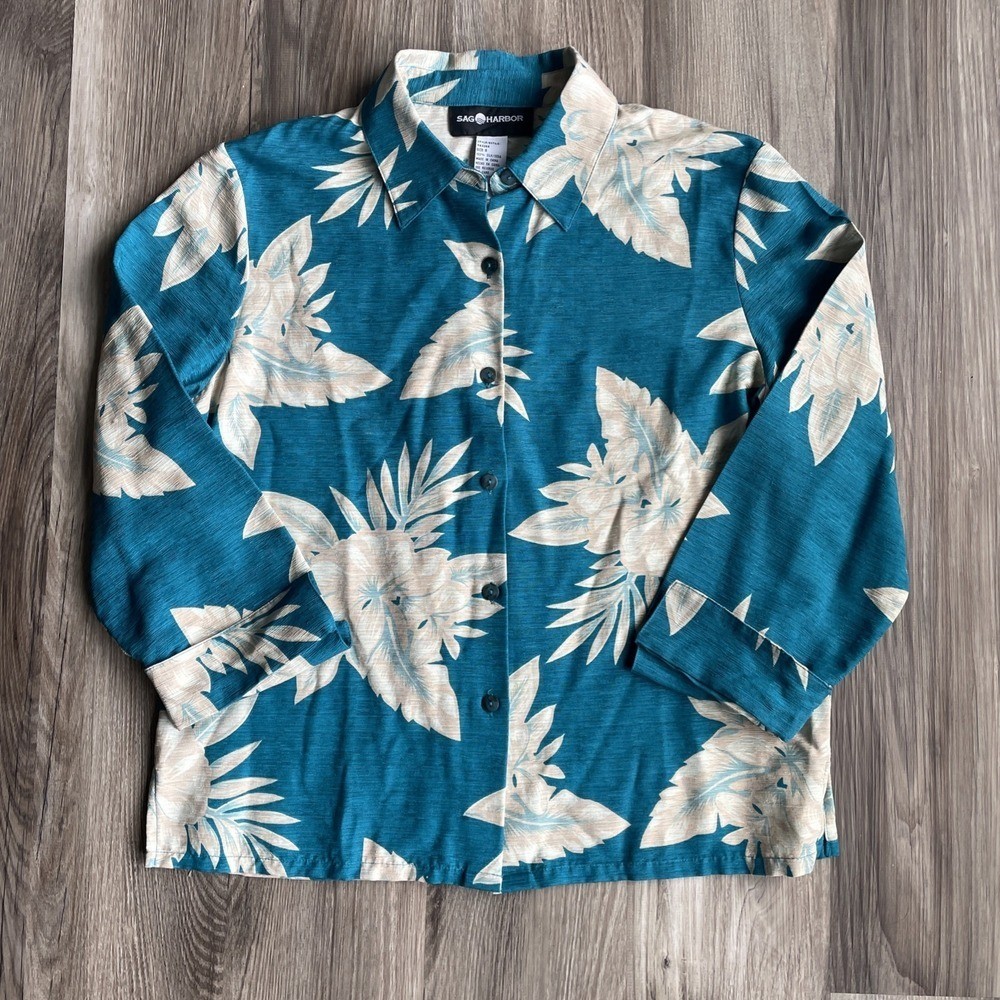 Vintage Sag Harbor Sz 8 Silk Tropical Floral Blouse Teal Blue 3/4 Sleeve T43264