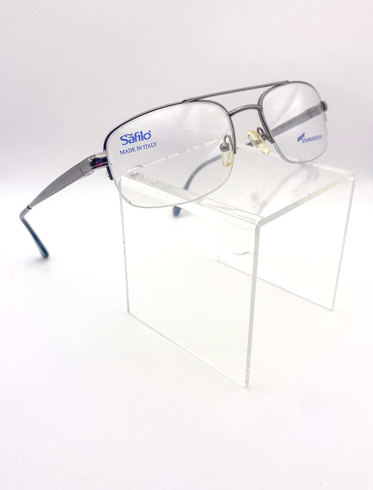 1980s Safilo Vintage Eyeglasses | Silver Slim Aviator Stainless Steel Frames NOS