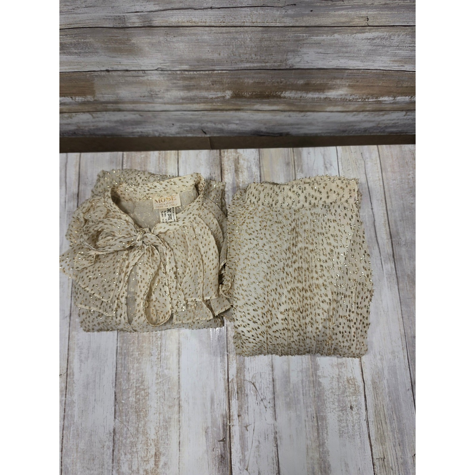 Mose Milano Vintage Silk Gold Metallic Ruffle Blouse Accordion Pleat Skirt Set