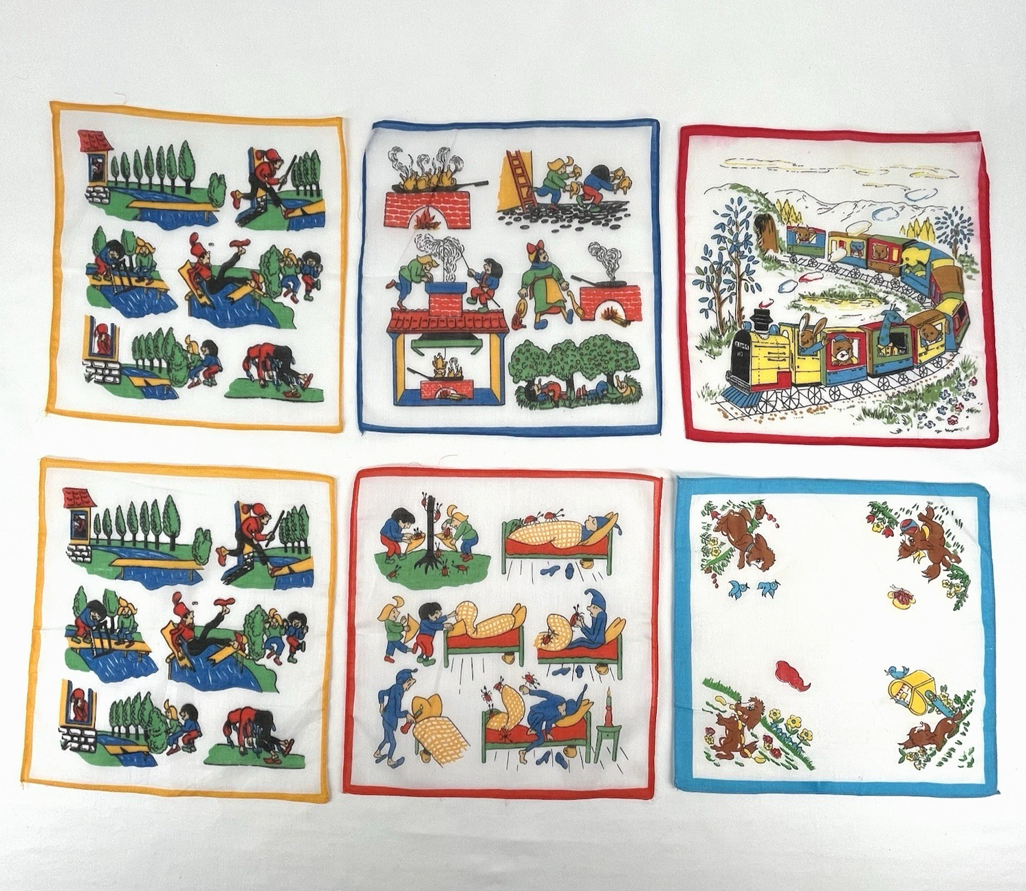 VTG Lot of 6 MCM Childrens Handkerchief Novelty 4 Max & Moritz/1 Train/1 Animals