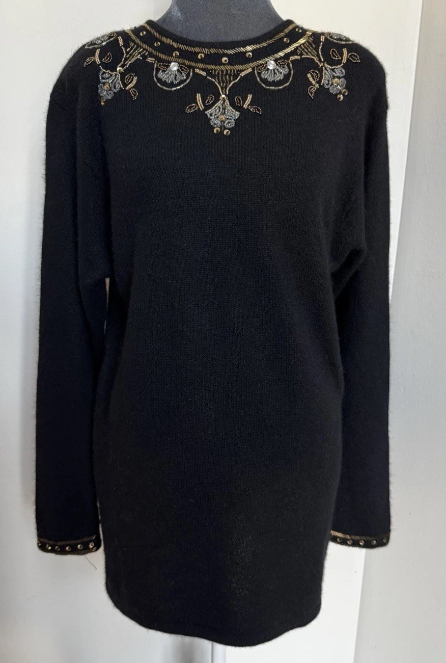 Vtg Boundary Waters Black Angora Lambswool Beaded Sweater Tunic M Embellished