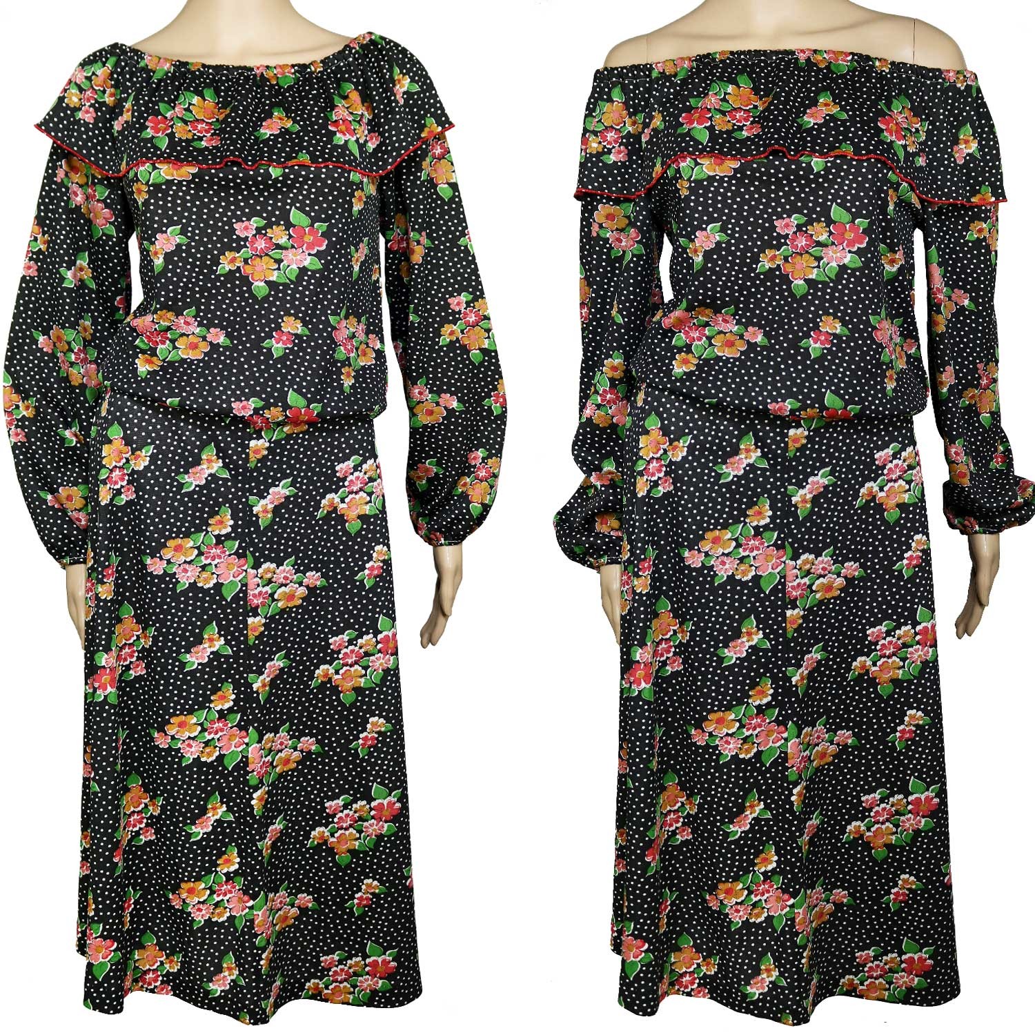 1970s Vintage Skirt Off Shoulder Top Set/Dress Boho Black White Dot Floral 10 M
