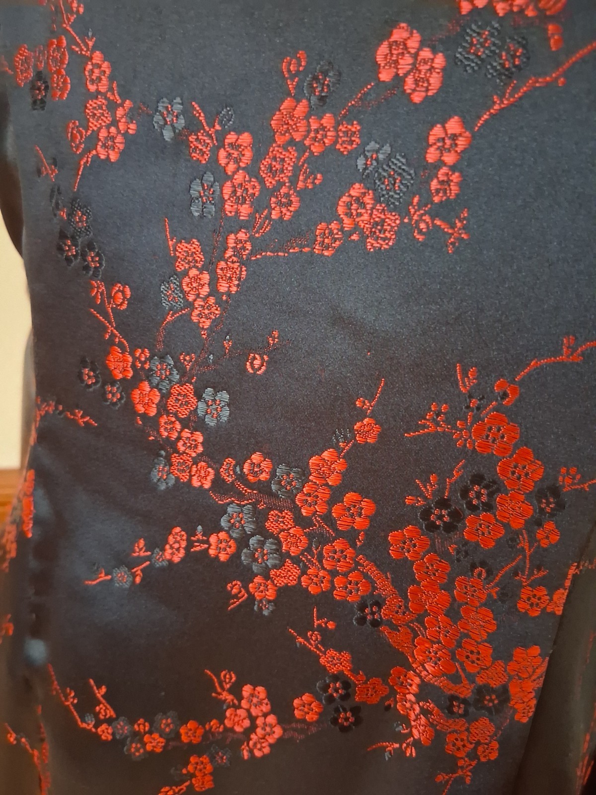 Vintage 1980s/90s Black Red Cherry Blossom Brocade Satin Cheongsam Chinese Dress
