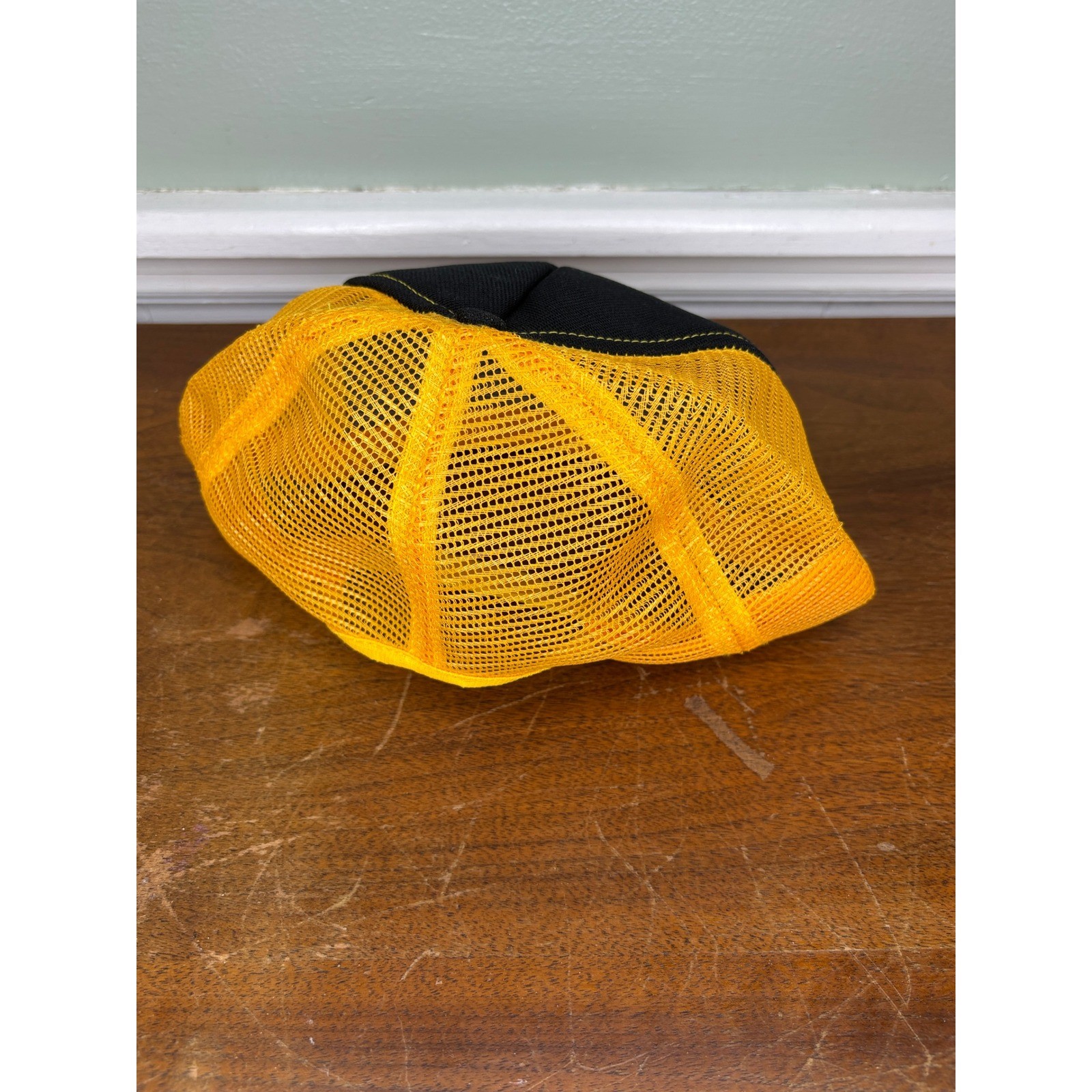 Vintage Cushion Cut Trucker Hat Mens Yellow Black Mesh Snapback Made in USA 80s