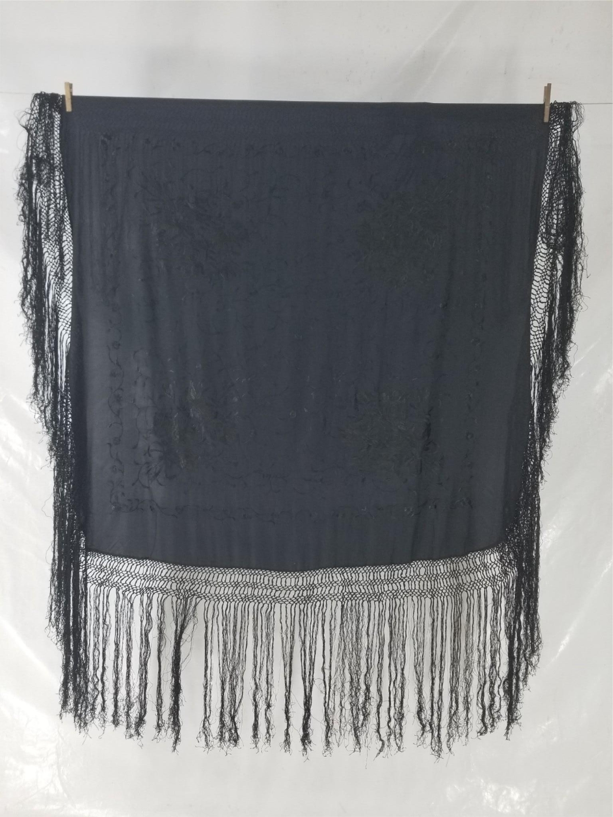 Antique Chinese Hand Embroidered Silk Floral Piano Shawl 42×41 inches