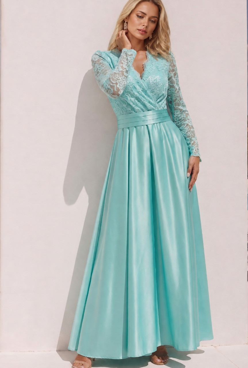 Unbranded Vtg 70’s Dance Party Prom DRESS Seafoam Blue Maxi Length 30″ Waist-SM?