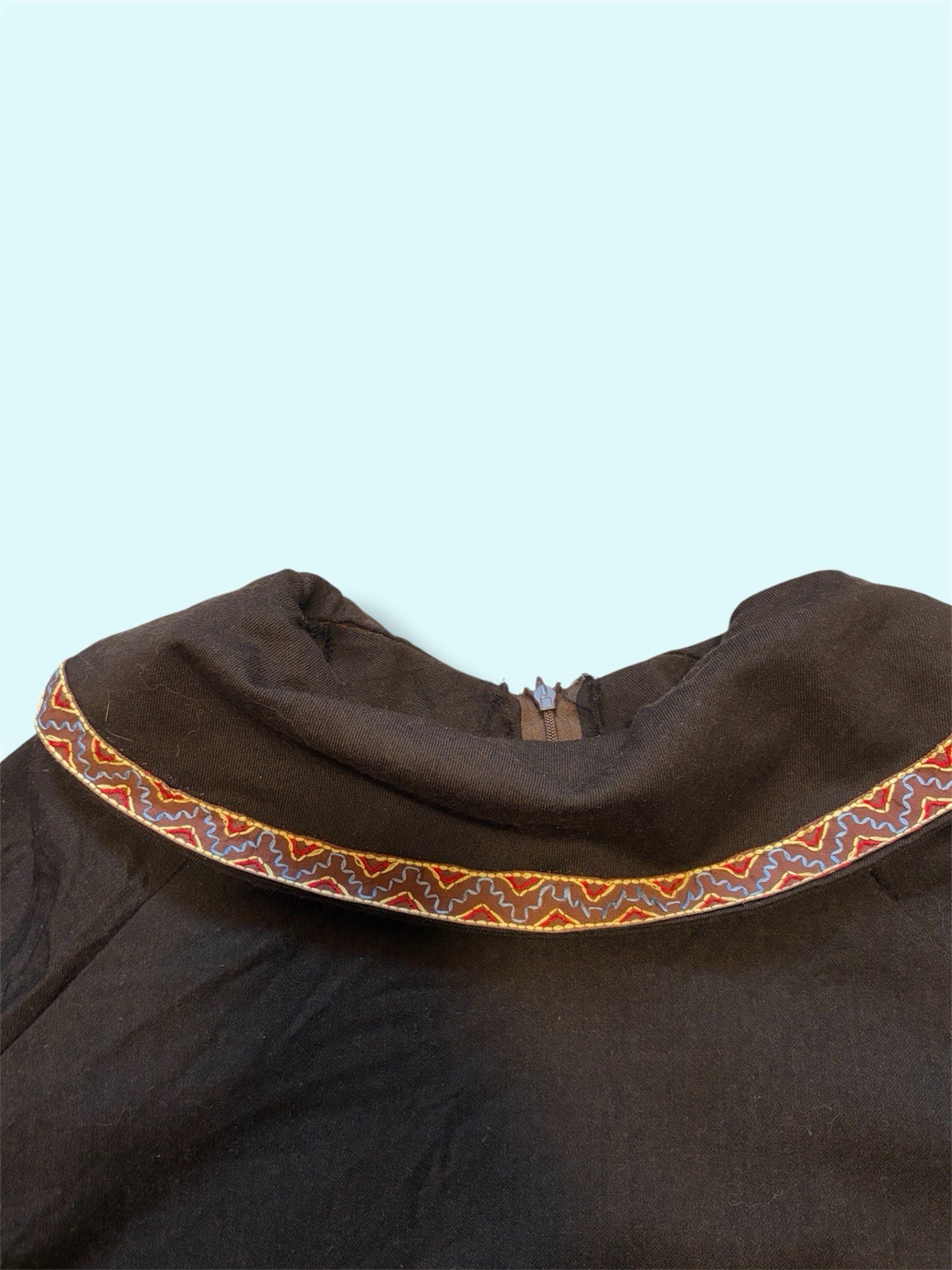 Vintage 1960s Brown Shift Dress Wool Blend 60s Embroidered Shawl Collar Mod