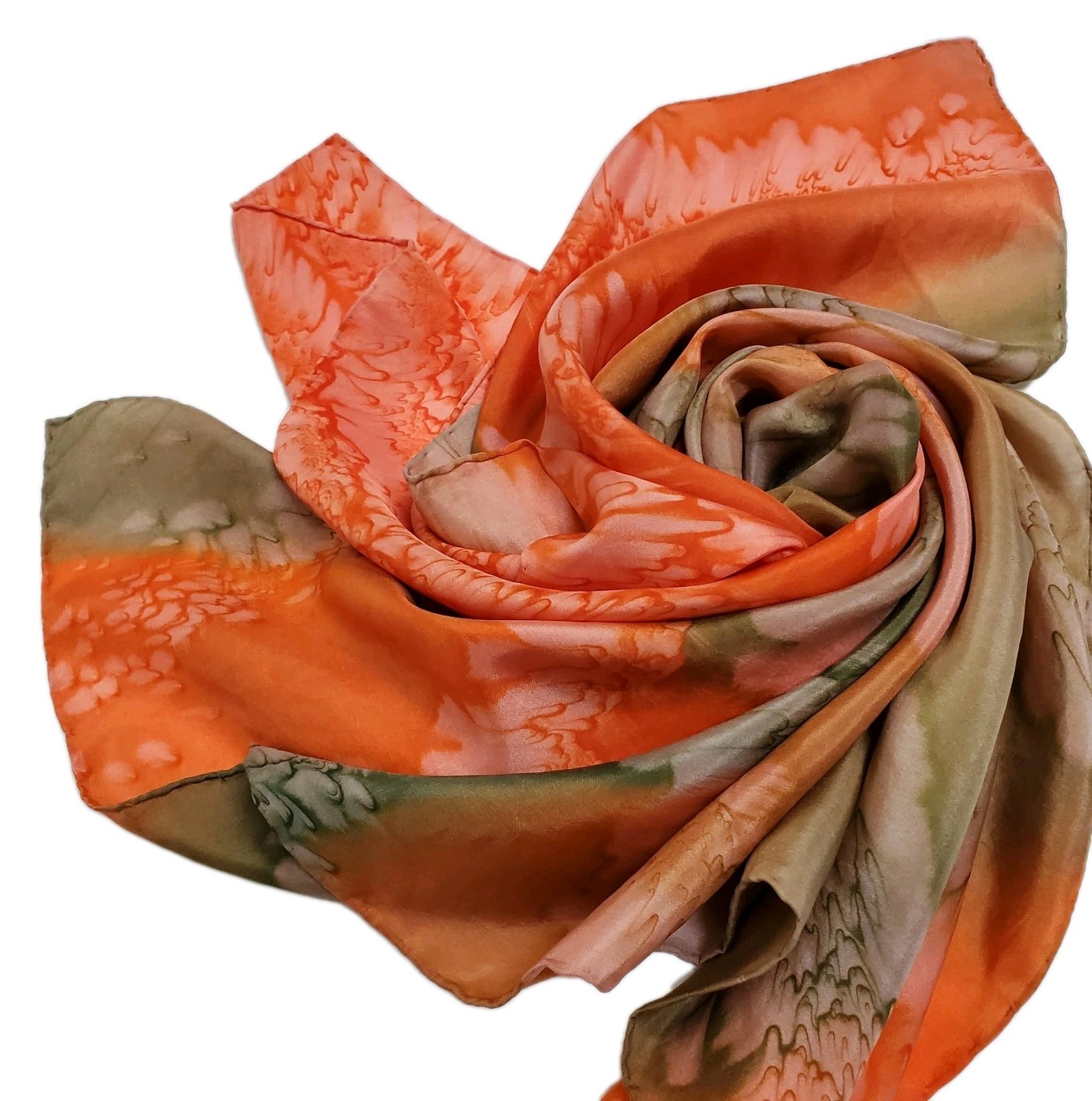 Silk Scarf Orange, Green, Signed Hand Dyed Tie Dye Art to Wear 35.5” x 35” EUC