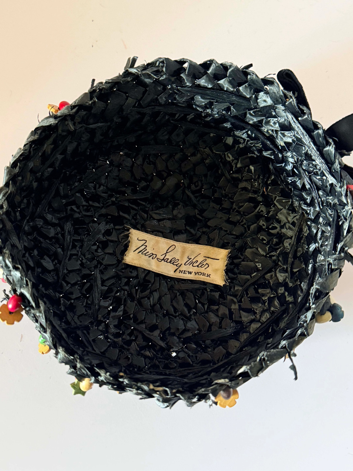1950s Miss Sally Victor Black Raffia Pillbox Hat Wooden Bead Trim Vintage