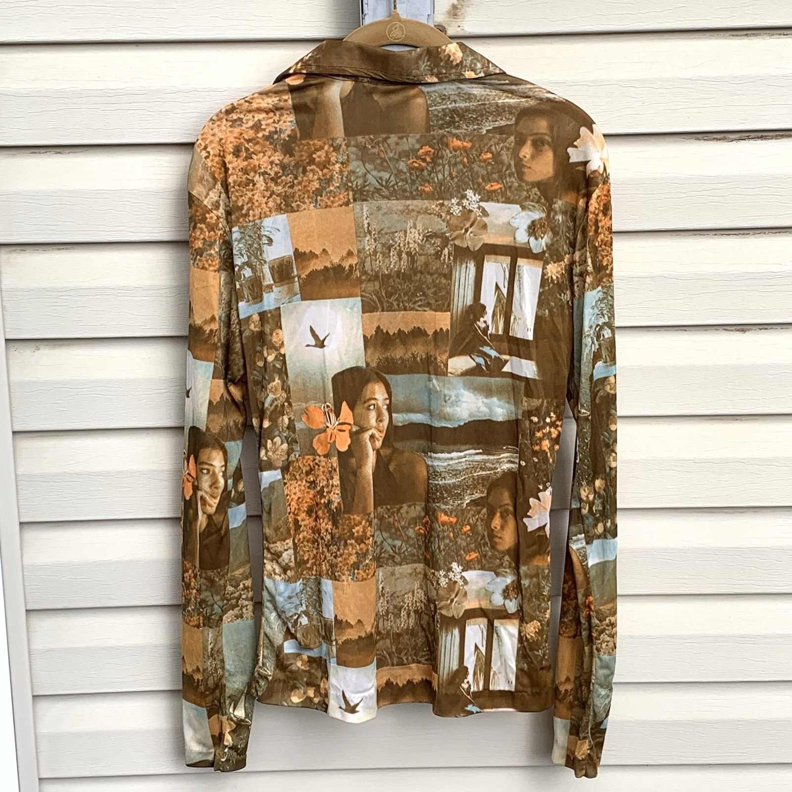 Vtg 70s Hawaiian Themed All-Over Print Shirt Lrg LS 2 Button Disco Acetate/Rayon