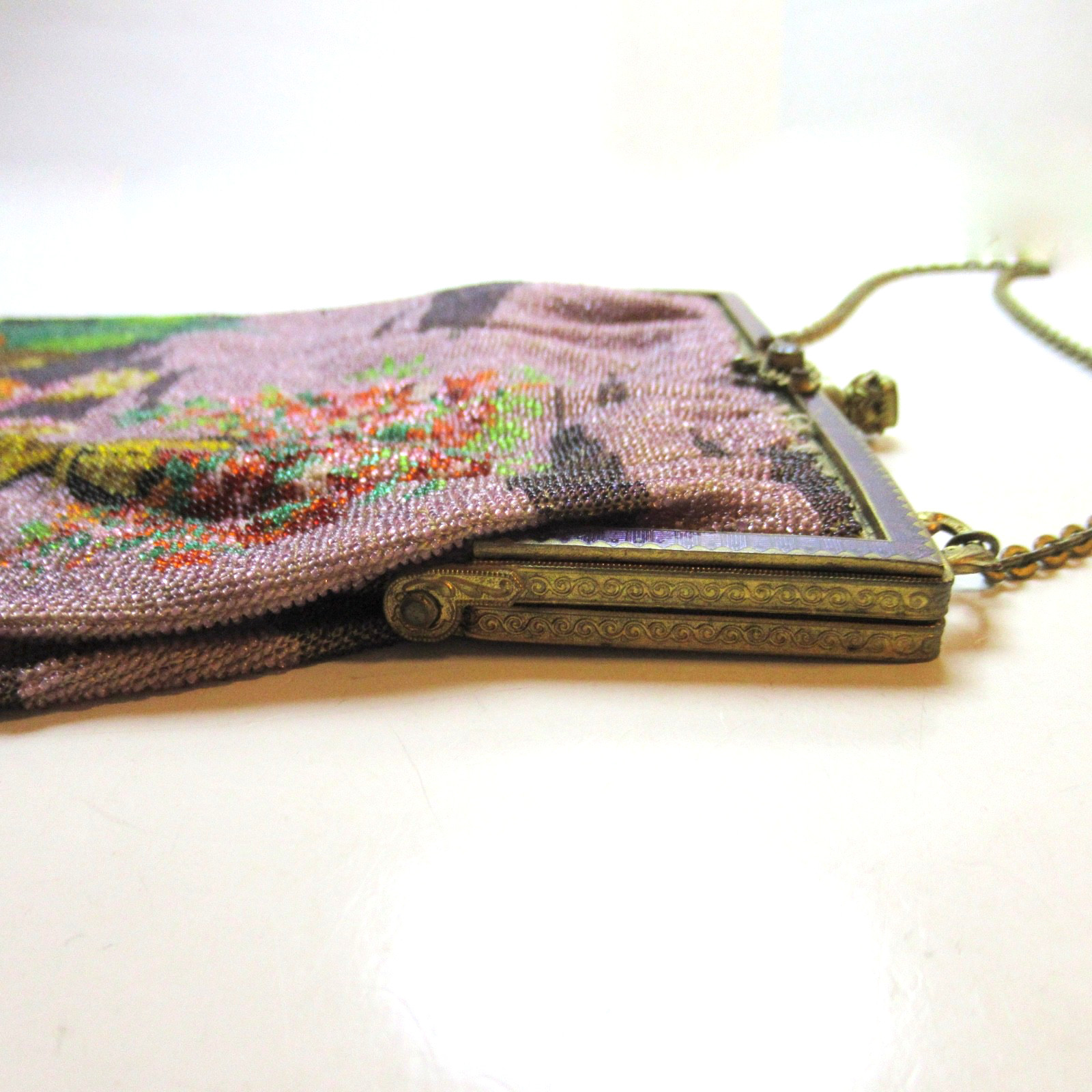 Antique Vintage Micro Beaded Purse Scenic Guilloche Frame SELLER PAYS US TARIFFS