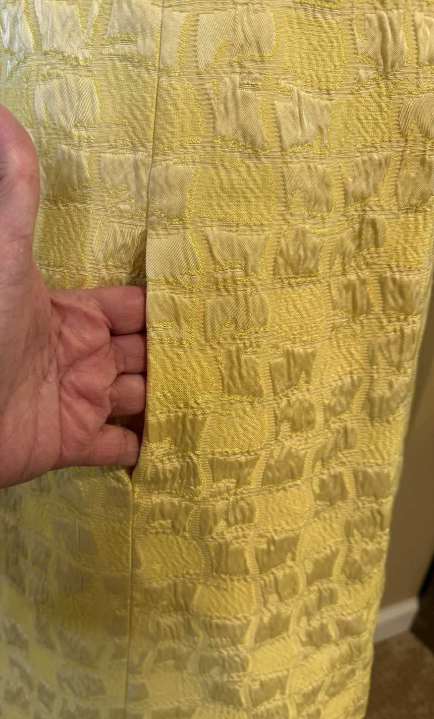 Vintage MOD 60’S Lemon YELLOW Geometric JACQUARD MINI COCKTAIL DRESS Pockets S/M