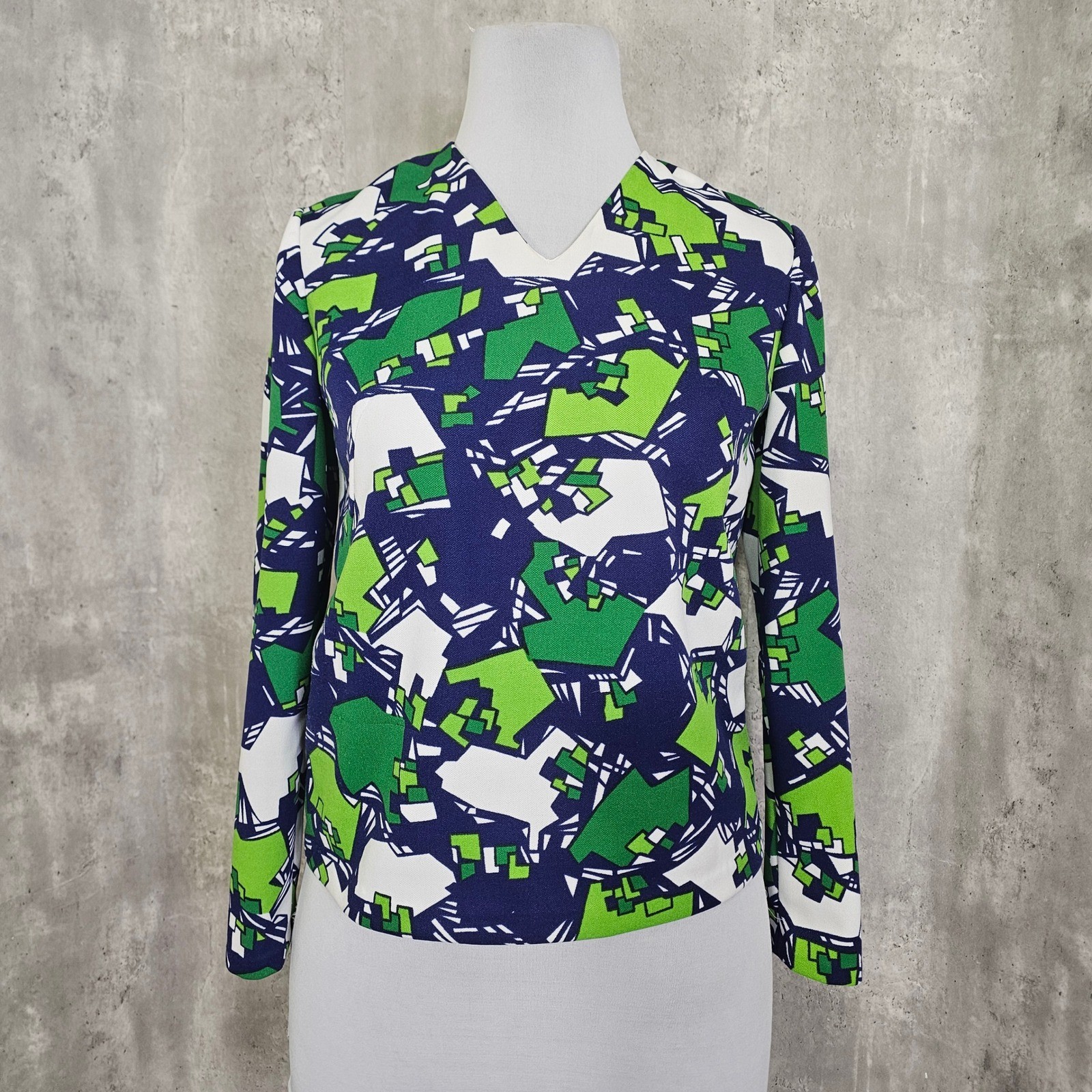 Vintage 60s Mod Geometric Top Green Blue Double Knit Talon Zip Handmade