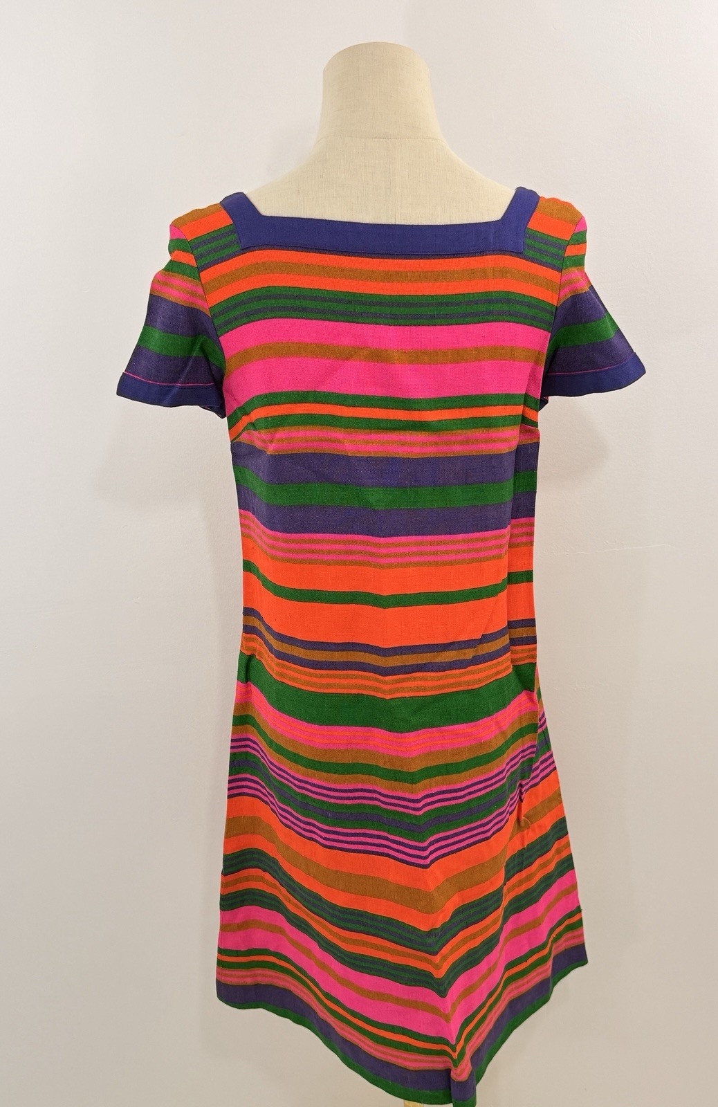Vintage 1960s Gay Gibson Rainbow Stripe Shift Sheath Dress Mod GoGo Button Up