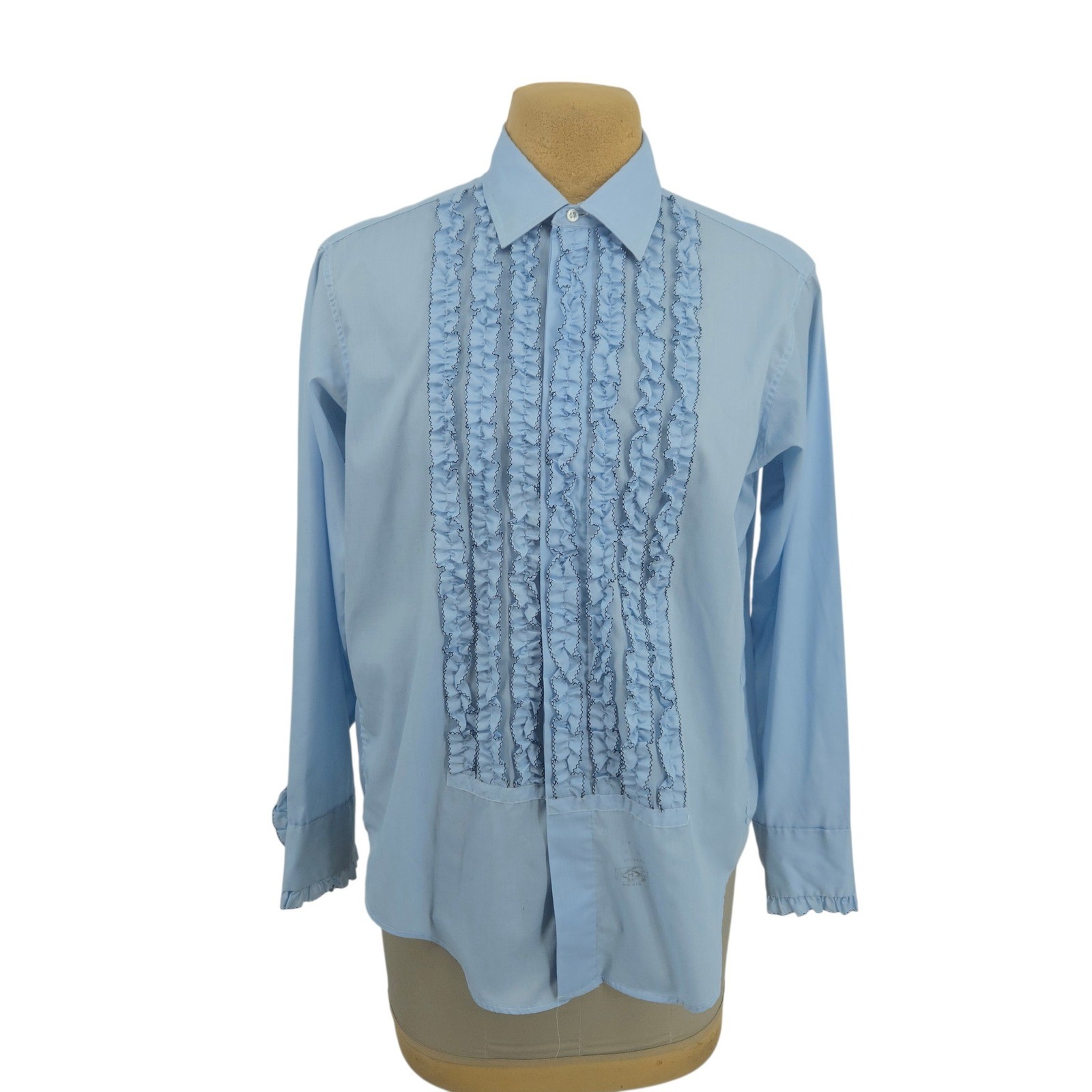 Lion of Troy Tuxedo Shirt Mens 16-33 Blue Ruffle Front Bib Vintage 70s Formal