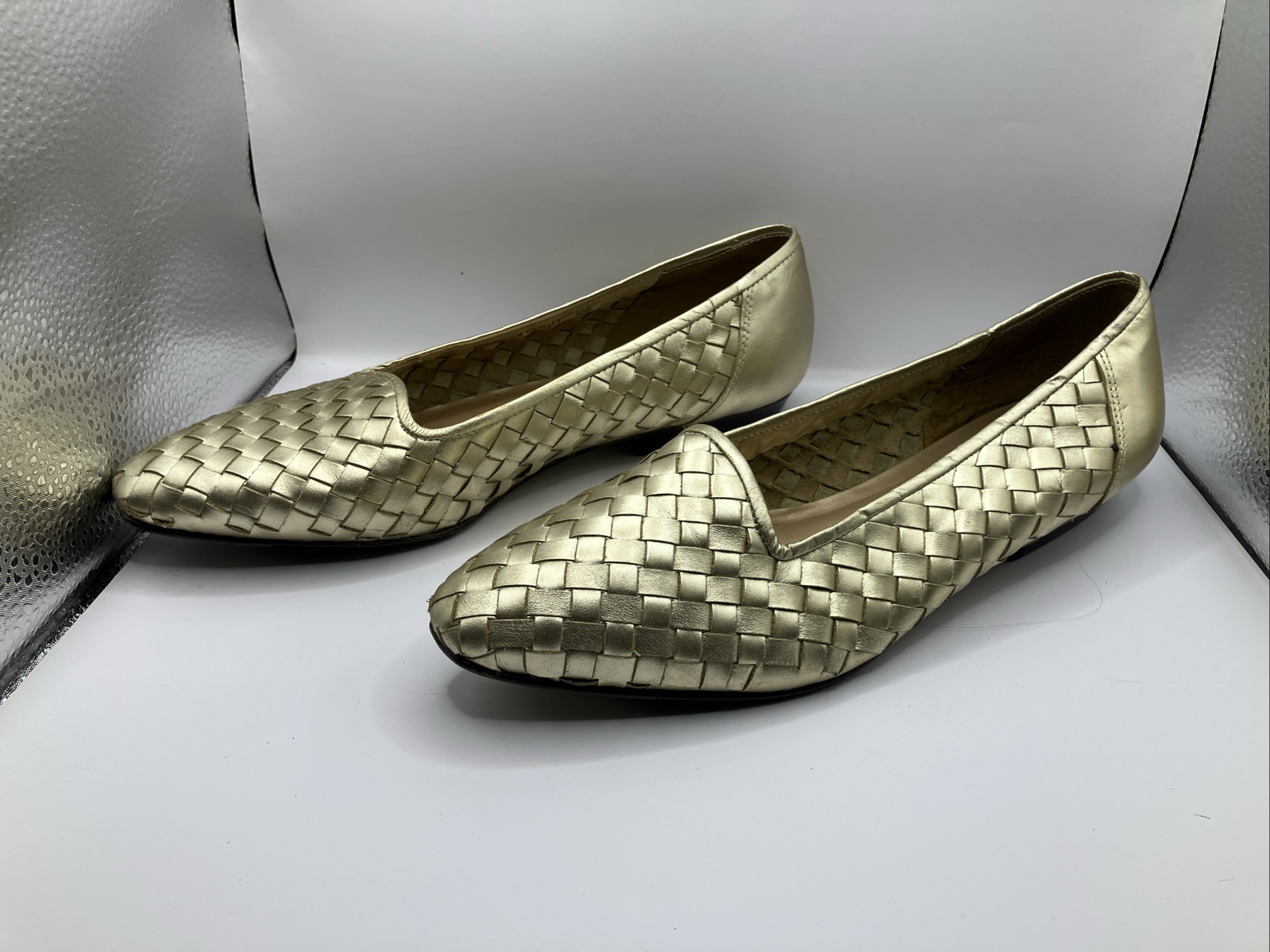 Vintage CONNIE Gold Weave Women’s Shoes Sz 10 Flats Leather Upper Made In Brazil