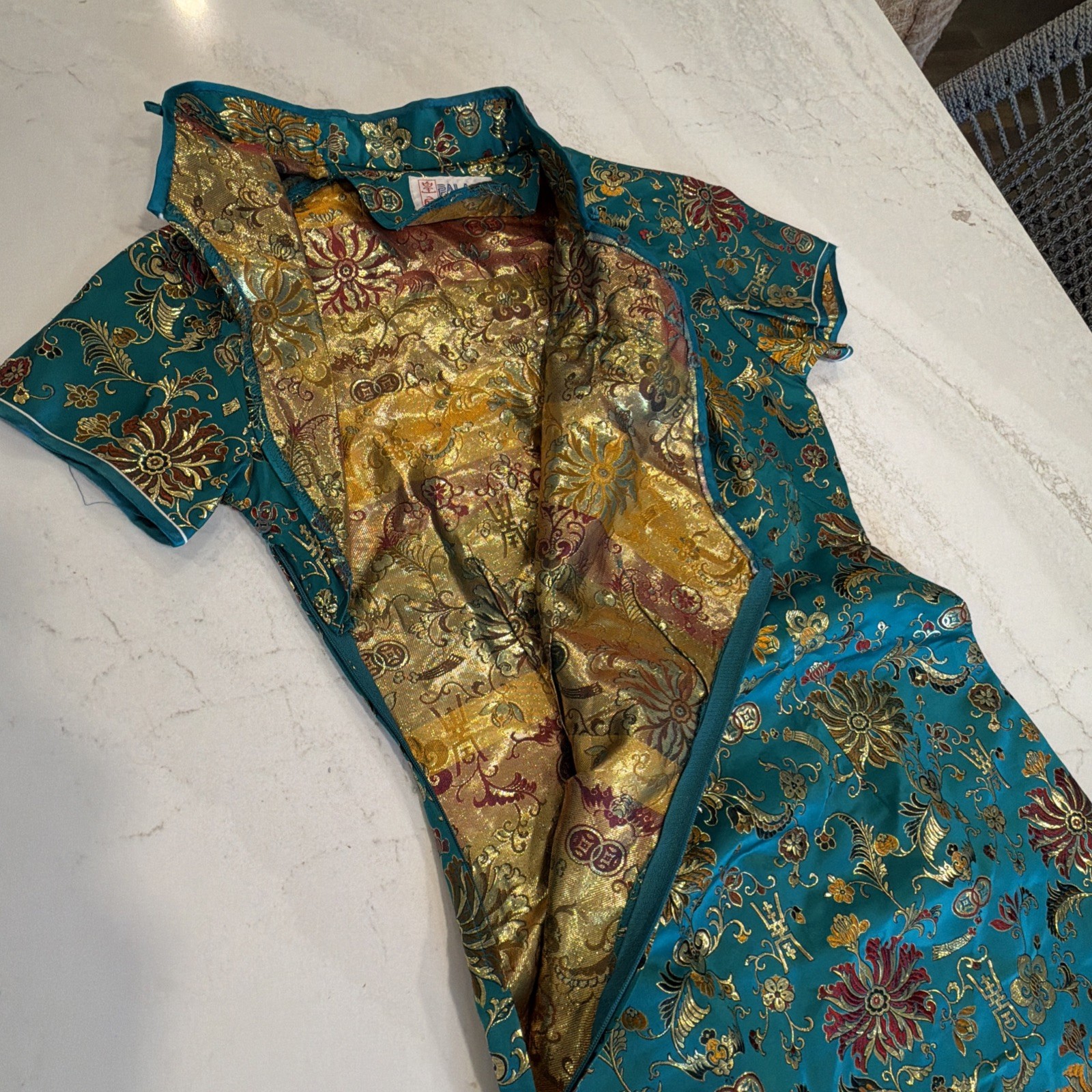Vintage Women’s Dress Asian Mandarin Collar Cheongsam Gold Embroidered China XS