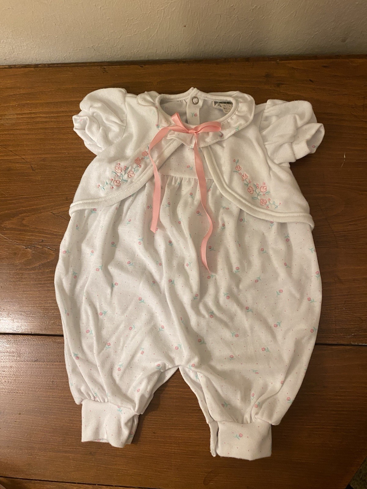 Vintage Bunny & Me Girls 3M White Pink Floral Romper Ruffles Ribbon Bow Coquette