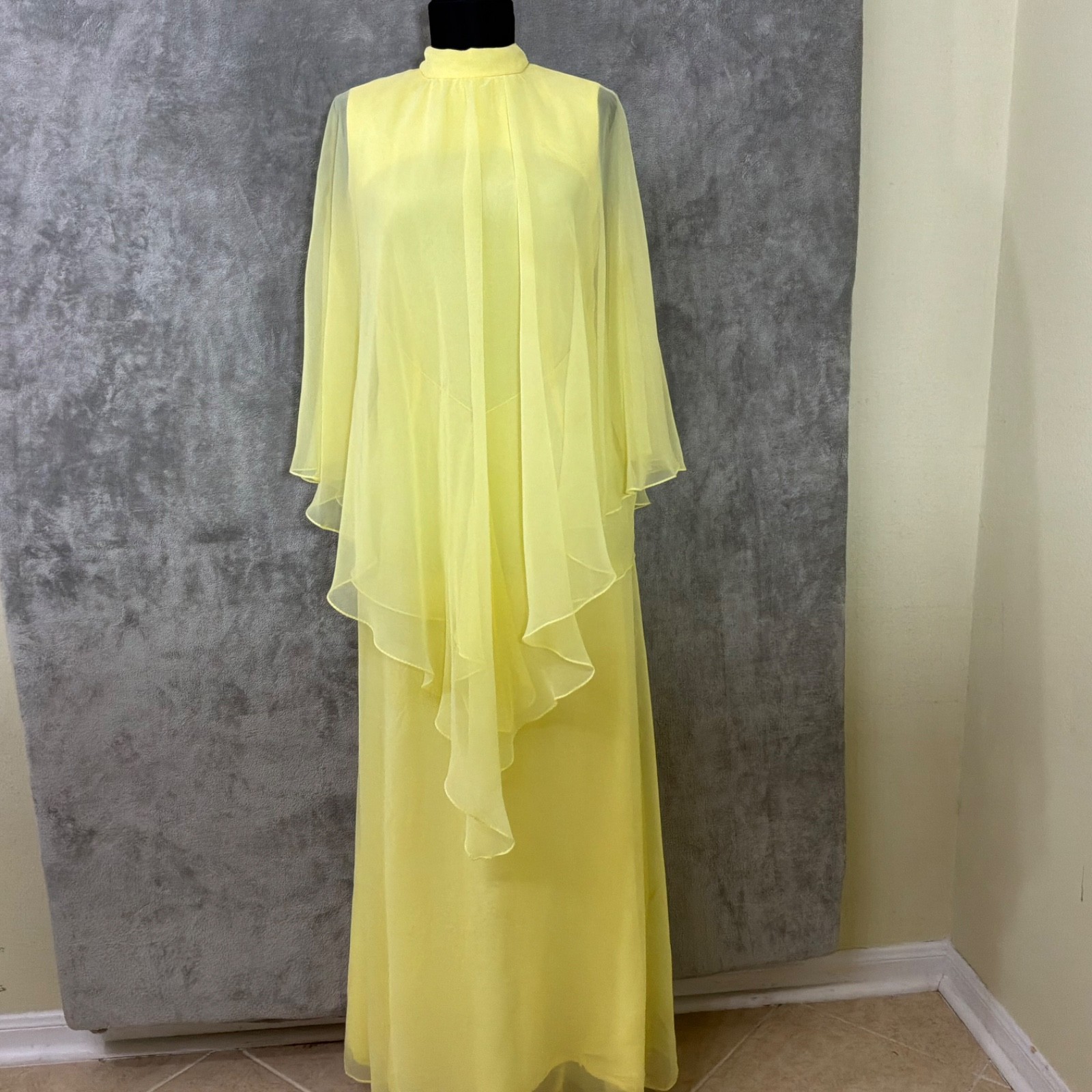 True VTG 60s 70s Miss Elliette Yellow Chiffon Maxi Dress Capelet Party Gown S/M